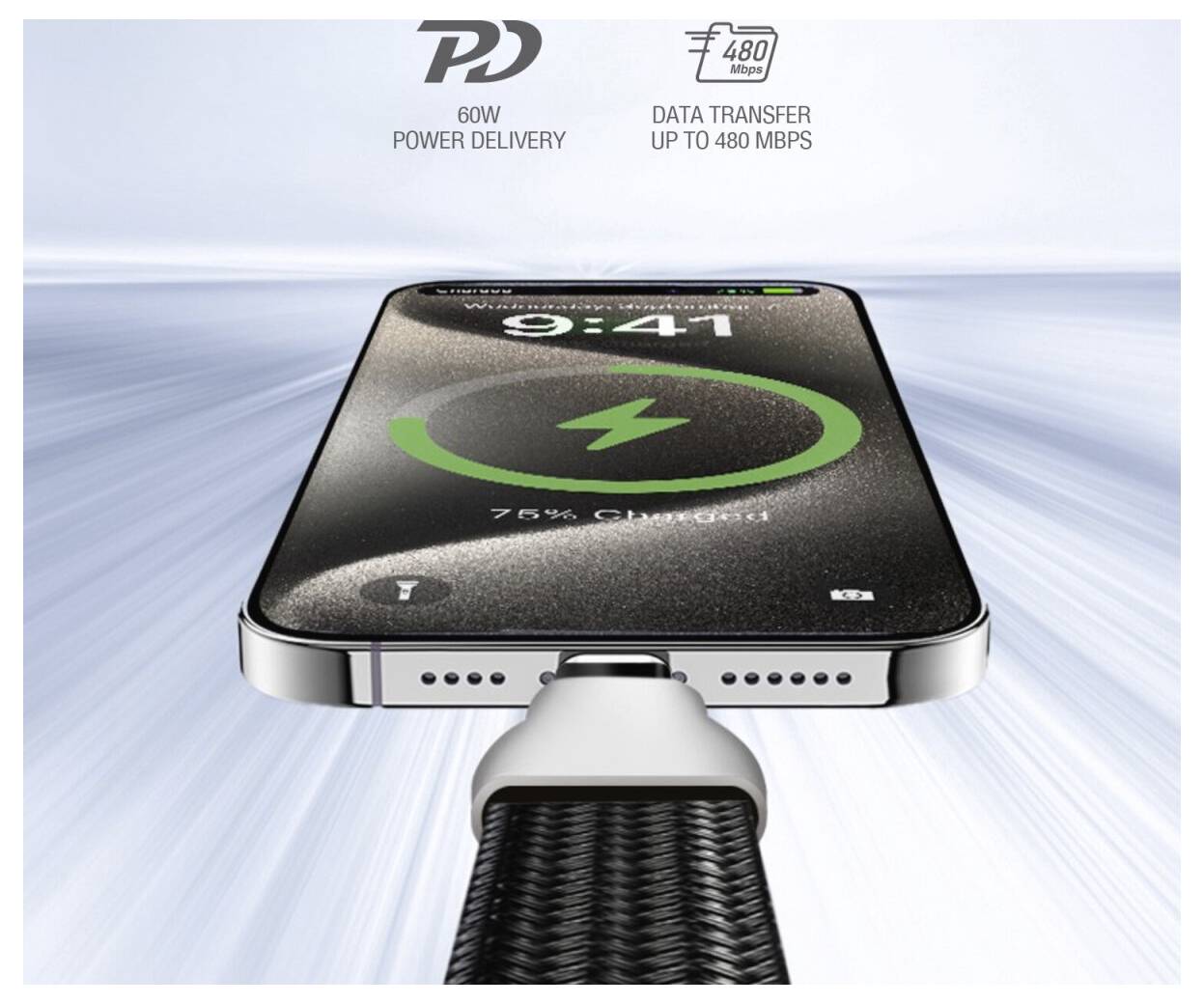 Telefon auf einer Ladematte mit 75% Ladezustand. Text: PD 60W Power Delivery, Datenübertragung bis zu 480 Mbps.