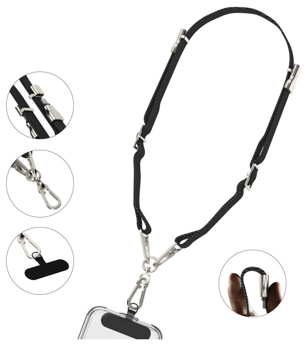 Schwarze verstellbare Umhängekordel mit Metallklips, gezeigt mit verschiedenen Befestigungspunkten und einer Handyhülle-Halterung.