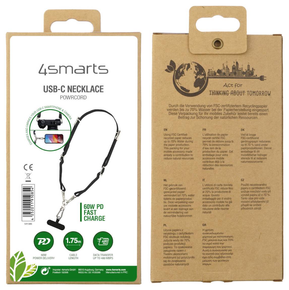 '4smarts USB-C Halsband Powcord' Verpackung mit Produktabbildung und Funktionen wie '60W PD Schnellladung'. Anleitung und umweltfreundliche Informationen auf der Rückseite.