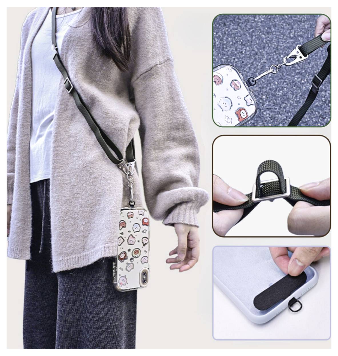 Eine Person, die eine Umhängetasche für Telefone mit Cartoon-Designs trägt. Vergrößerte Ausschnitte zeigen die Riemenklammer, die verstellbare Schnalle und die Handyhülle mit Riemenbefestigung.