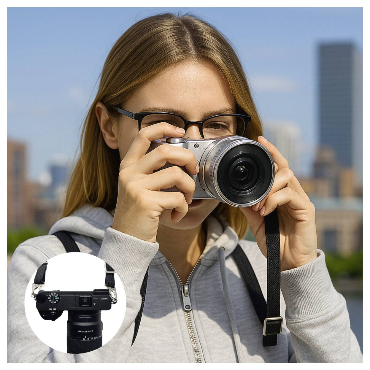 Eine Person mit Brille und grauem Hoodie, die mit einer silbernen Kamera ein Foto macht. Stadtlandschaft im Hintergrund. Kleine Kameradetail-Einblendung.