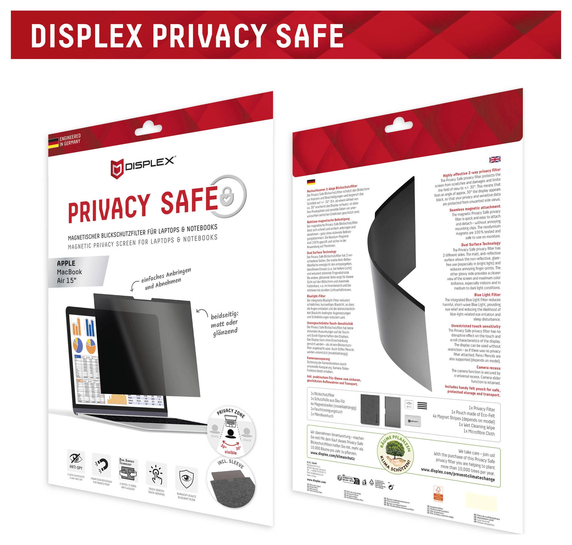 DISPLEX Displayschutzglas mit Blickschutz Apple MacBook Air 15" 1 St. glänzend, matt 01867