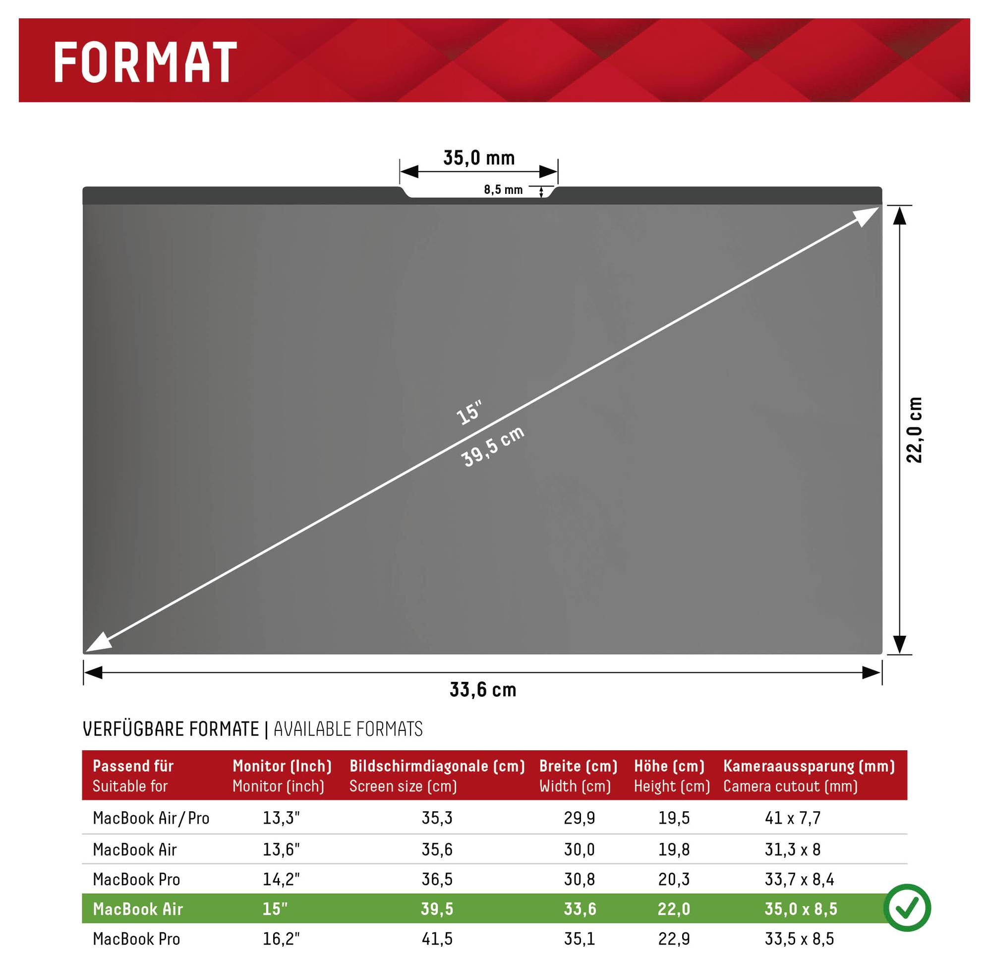 DISPLEX Displayschutzglas mit Blickschutz Apple MacBook Air 15" 1 St. glänzend, matt 01867