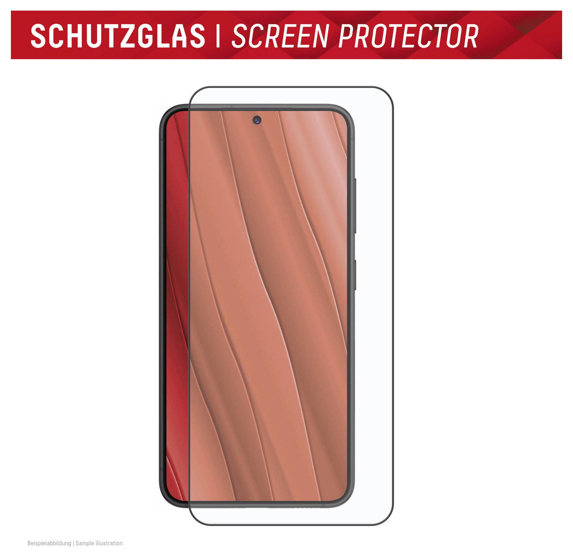 Ein Displayschutz neben einem Smartphone auf rotem Hintergrund. Der Text lautet „SCHUTZGLAS | SCREEN PROTECTOR