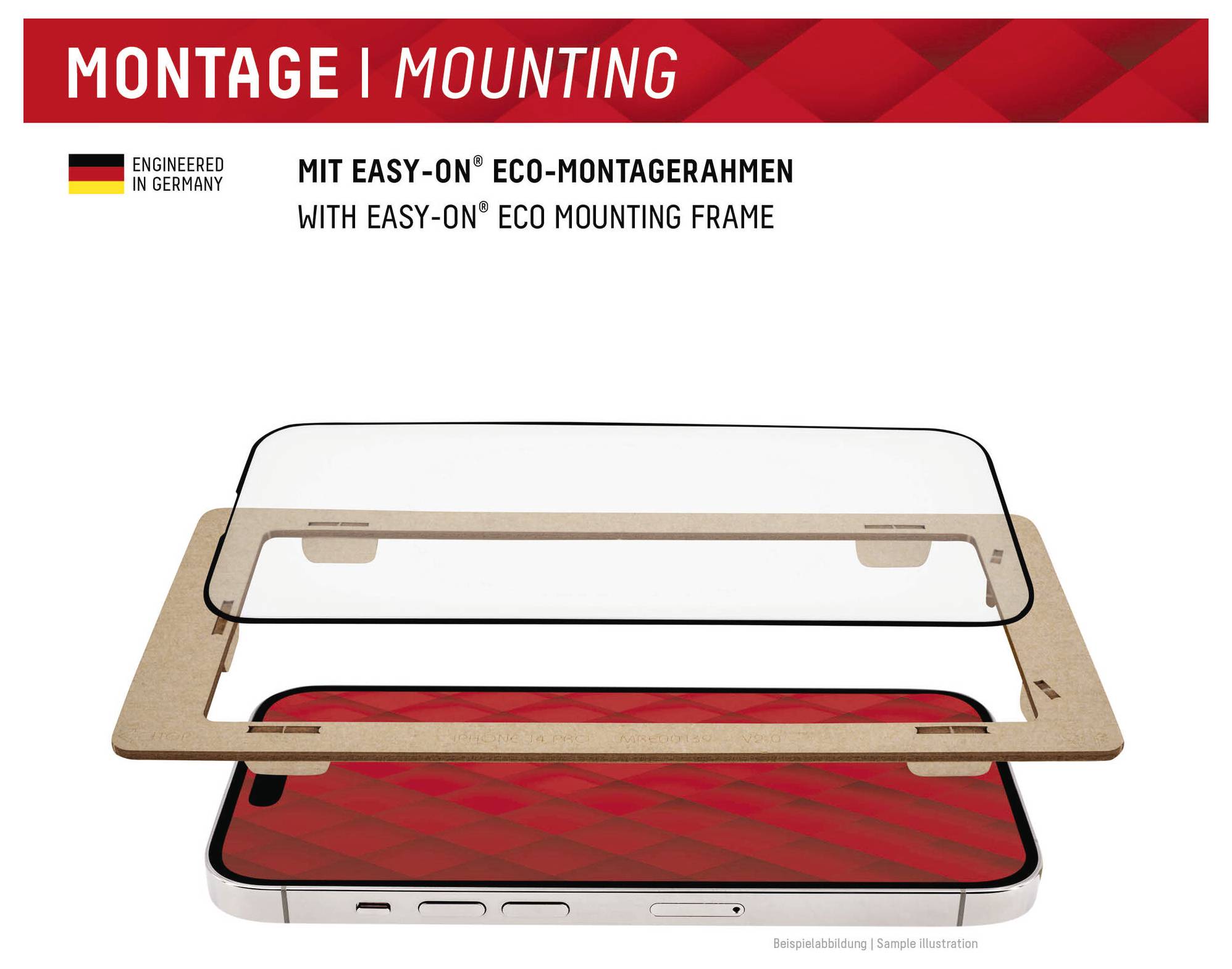 'Montage | Montage' Text mit Öko-Montagrahmen und Displayschutz für Telefon gezeigt. 'In Deutschland entwickelt'.