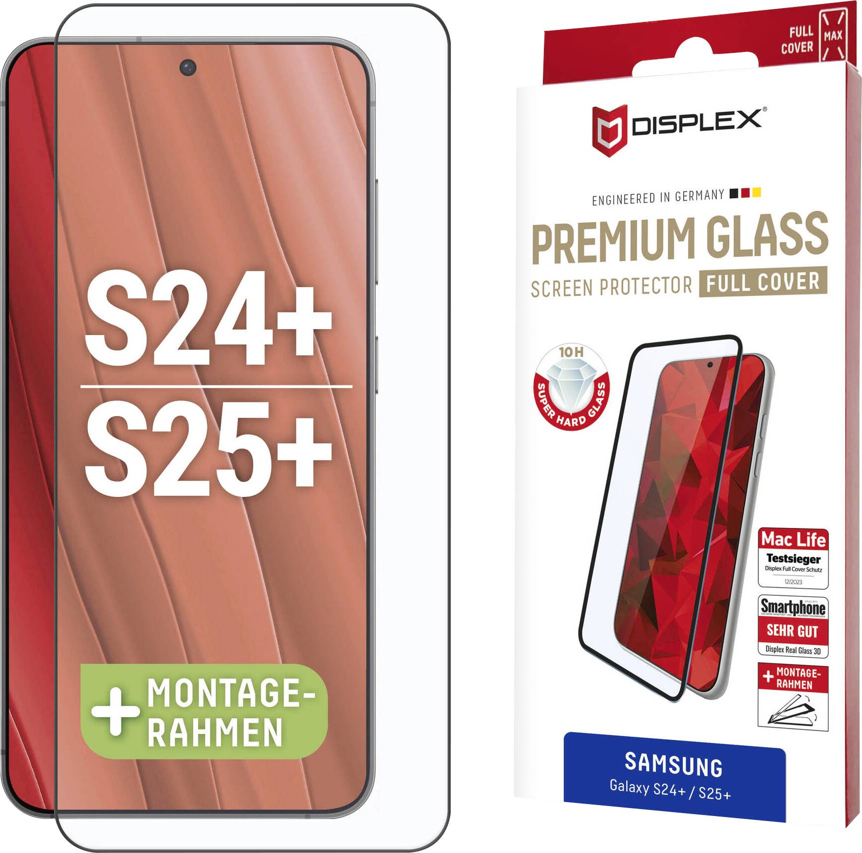 Premium Glaskantenschutz für Samsung Galaxy S24+/S25+, inklusive Installationsrahmen, in Deutschland von Displex entwickelt.