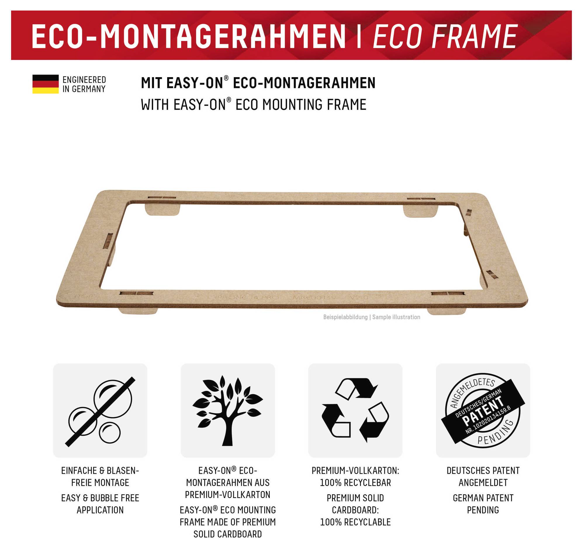 Öko-Rahmen mit Easy-On-Montage aus 100% recycelbarem Premium-Karton. In Deutschland entwickelt. Patent angemeldet.