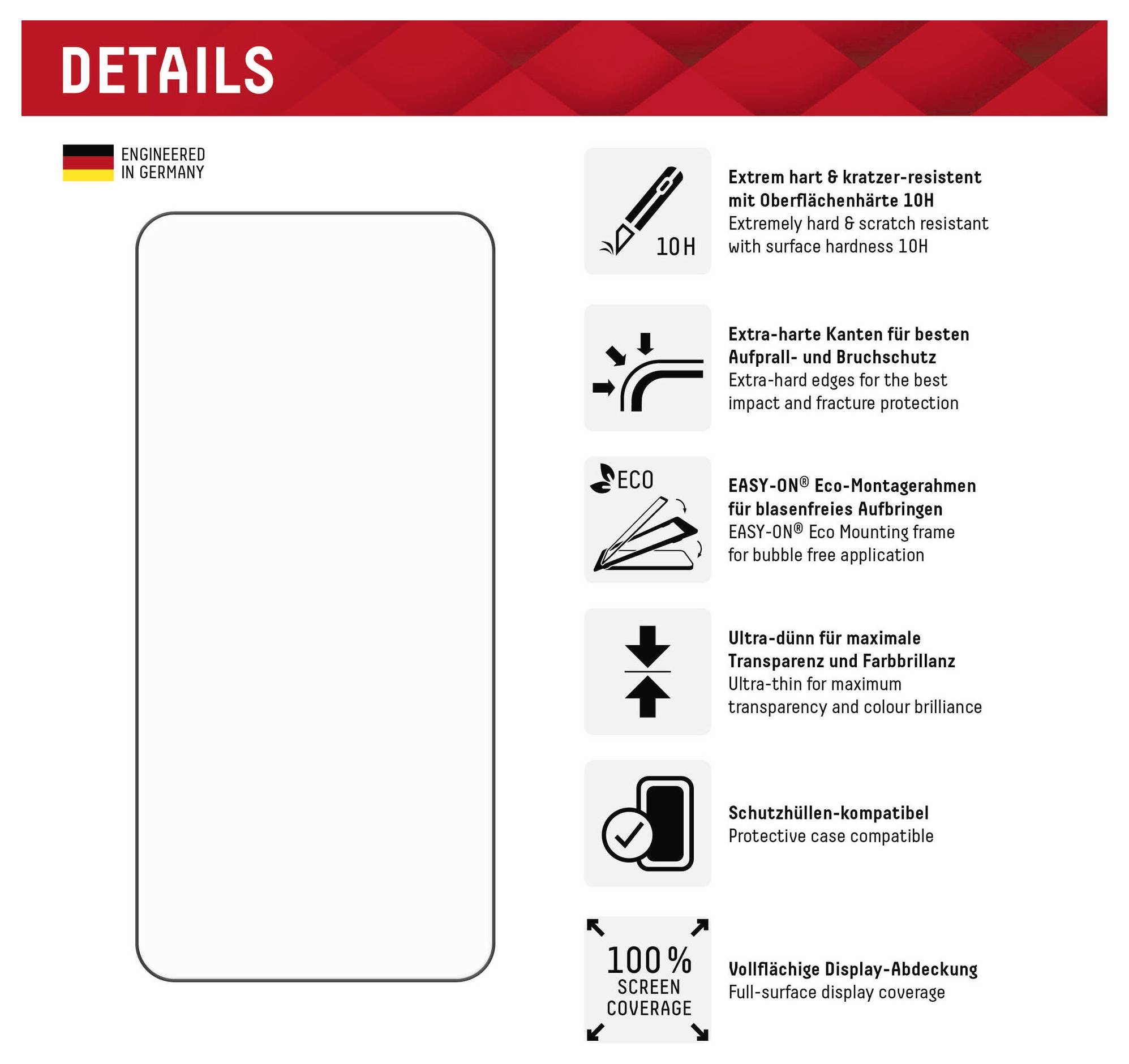 Produktdetails: Kratzfeste Oberfläche mit Härte 10H, Kantenschutz, umweltfreundliche Halterung, maximale Klarheit, Gehäuse-kompatibel, vollständige Displayabdeckung.