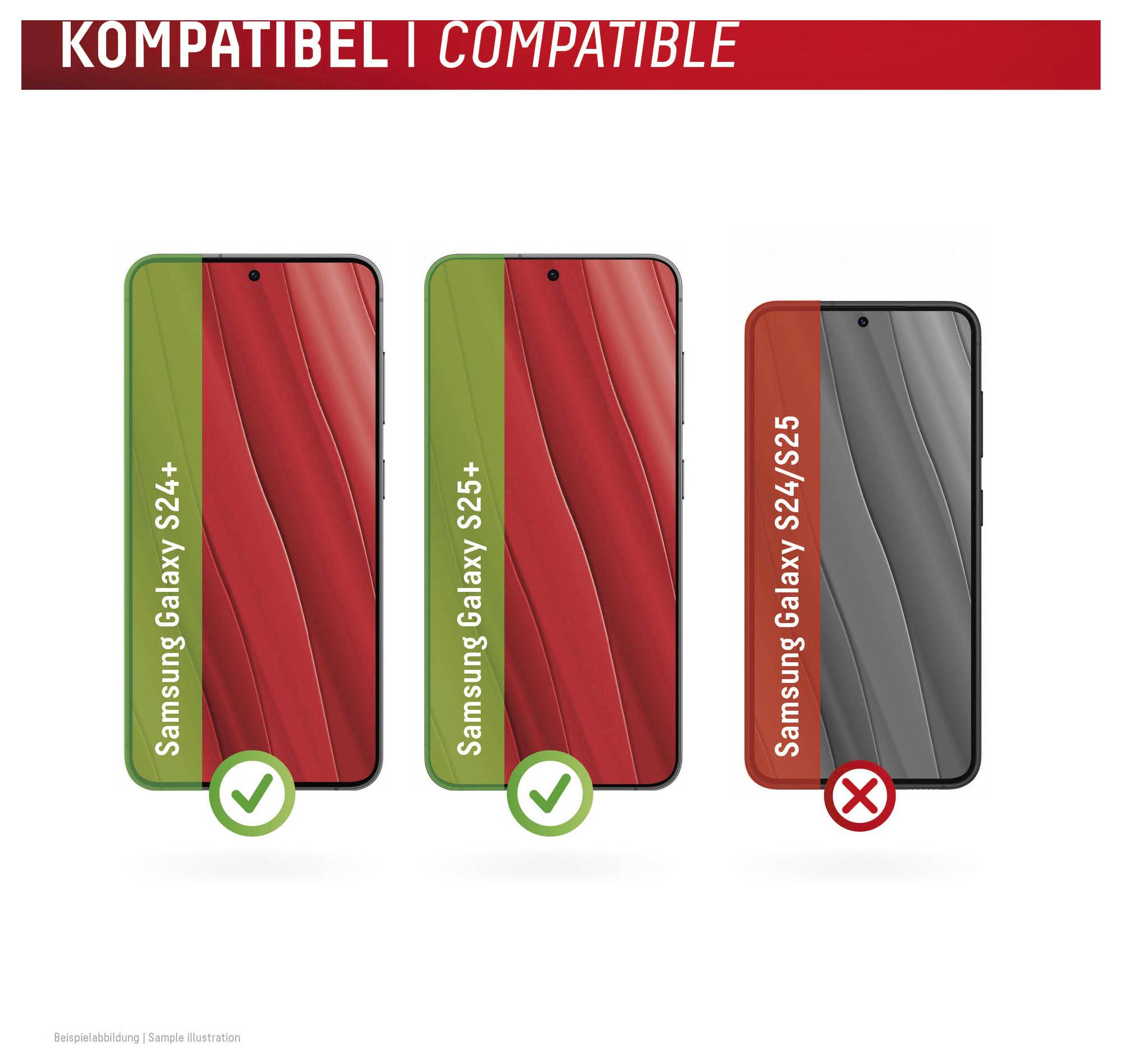 Kompatibel | KompatibelDrei Smartphones werden angezeigt: Samsung Galaxy S24+ und S25+ sind mit Häkchen als kompatibel gekennzeichnet, S24/S25 sind mit einem X als nicht kompatibel gekennzeichnet.