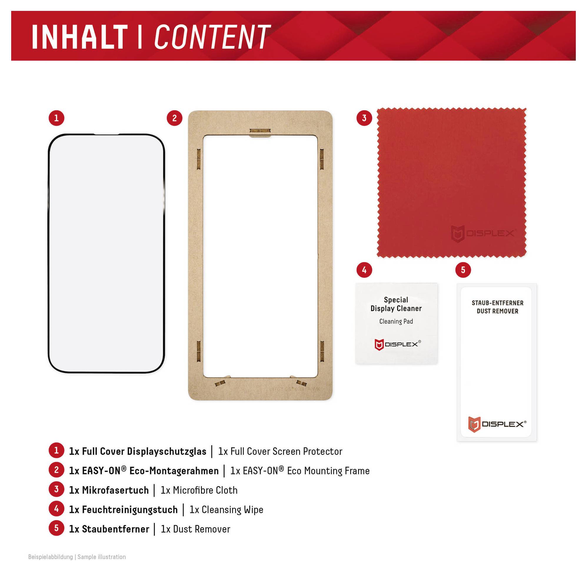 'INHALT | CONTENT' zeigt eine Bildschirmschutzfolien-Set für Telefone mit einer Schutzhülle, Öko-Montagrahmen, Mikrofasertuch und Staubentferner.