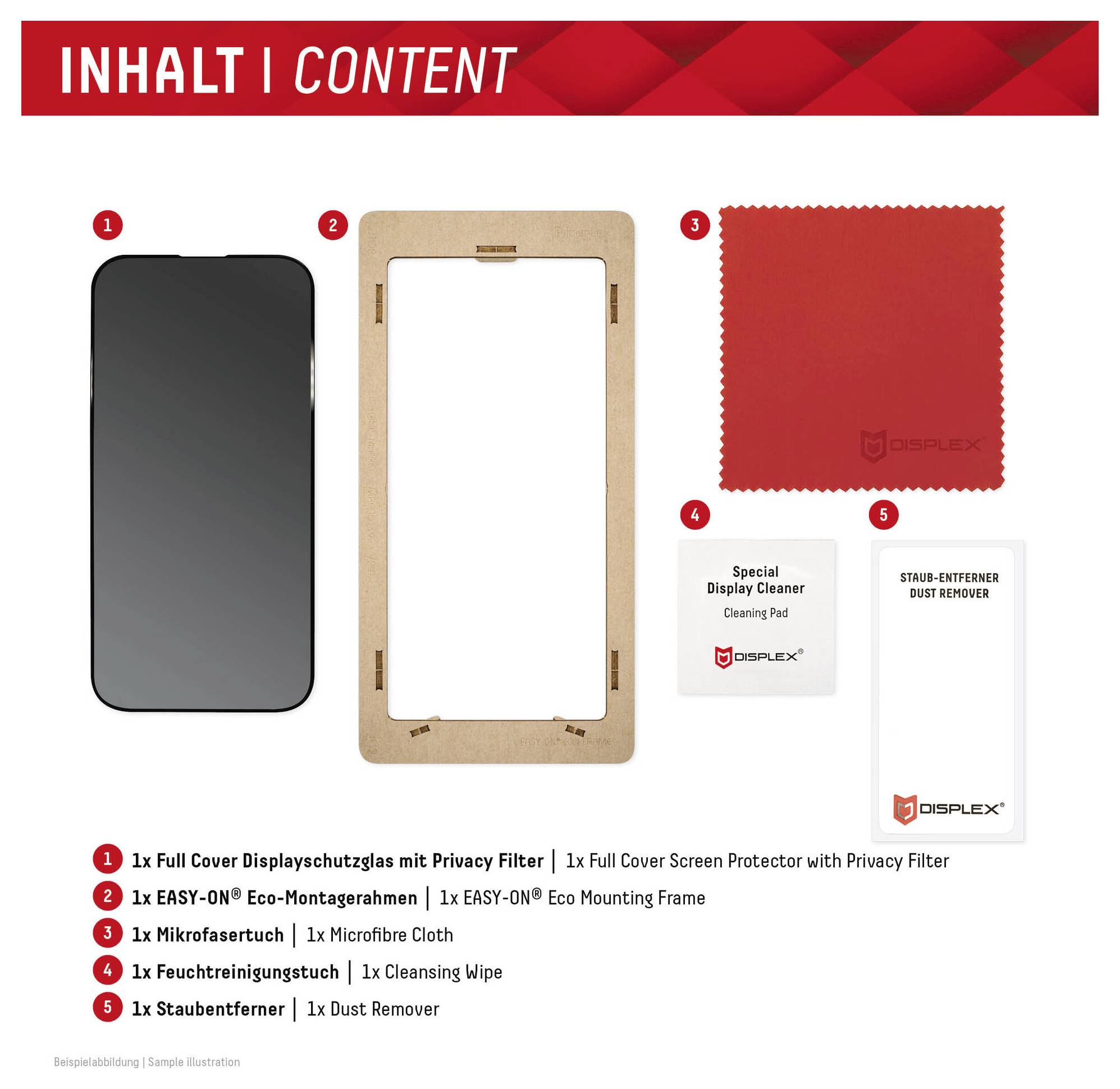 'INHALT | INHALT' Box enthält: 1. Vollflächiger Displayschutz mit Datenschutzfilter, 2. Eco-Befestigungsrahmen, 3. Mikrofasertuch, 4. Reinigungstuch, 5. Staubentferner.