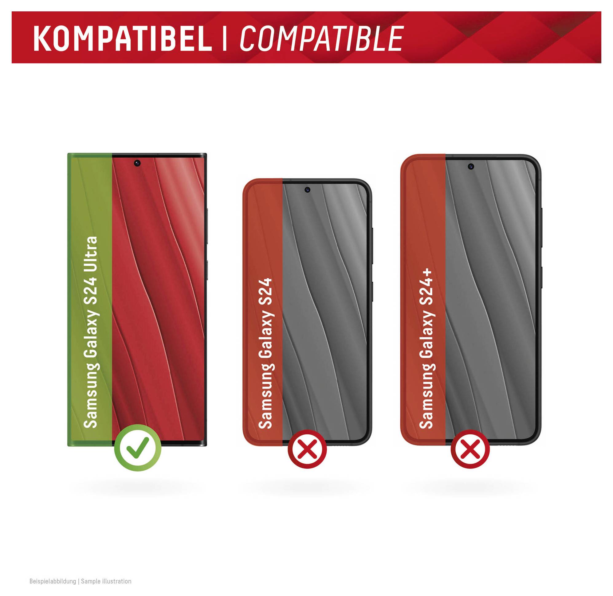 'KOMPATIBEL | KOMPATIBEL' Banner. Bild zeigt drei Smartphone-Modelle: Samsung Galaxy S24 Ultra (kompatibel), Samsung Galaxy S24 und Samsung Galaxy S24+ (nicht kompatibel).