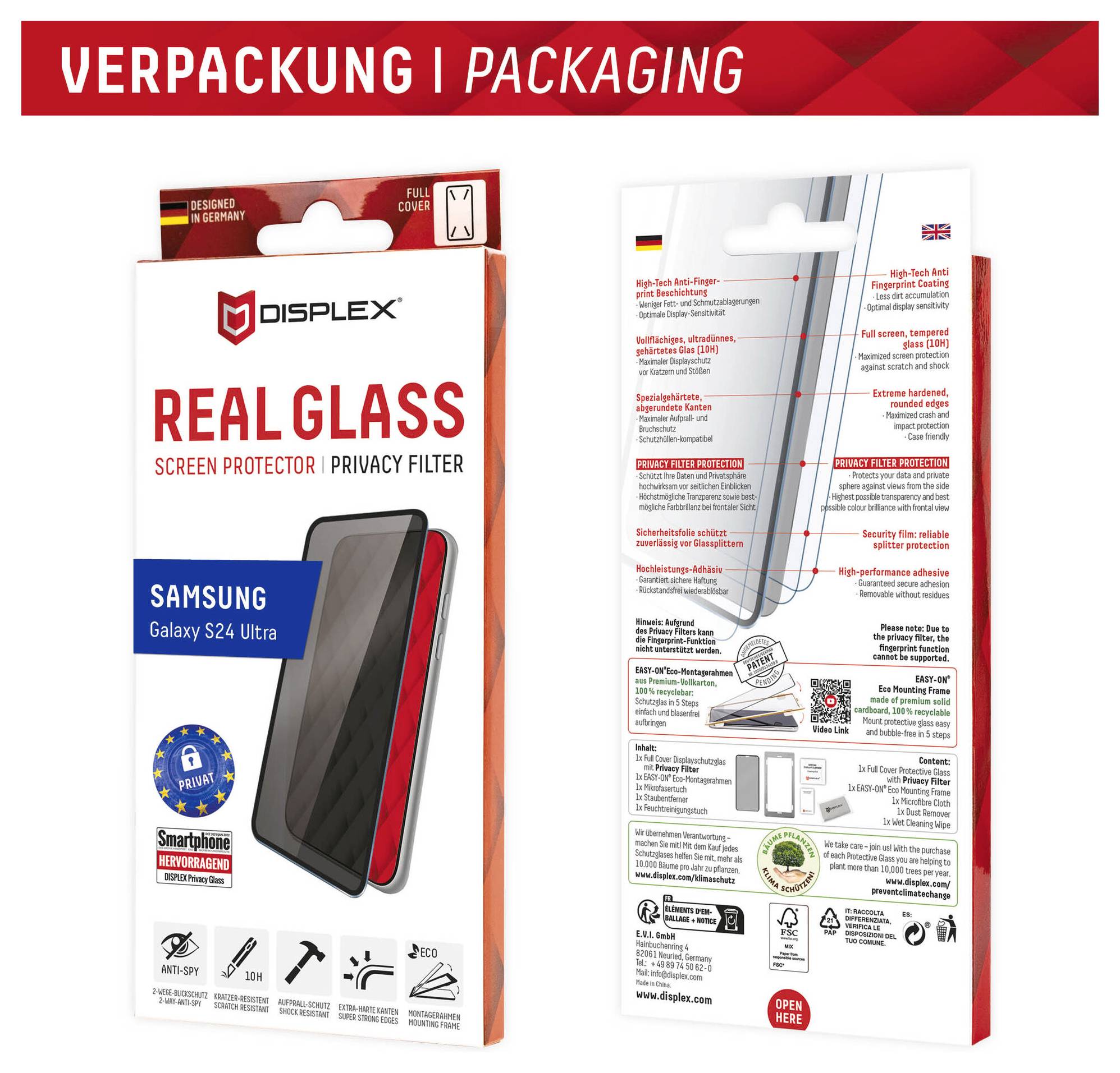 Verpackung für Displex Real Glass Displayschutz mit Datenschutzfilter, geeignet für Samsung Galaxy S24 Ultra. Anleitung auf der Rückseite.