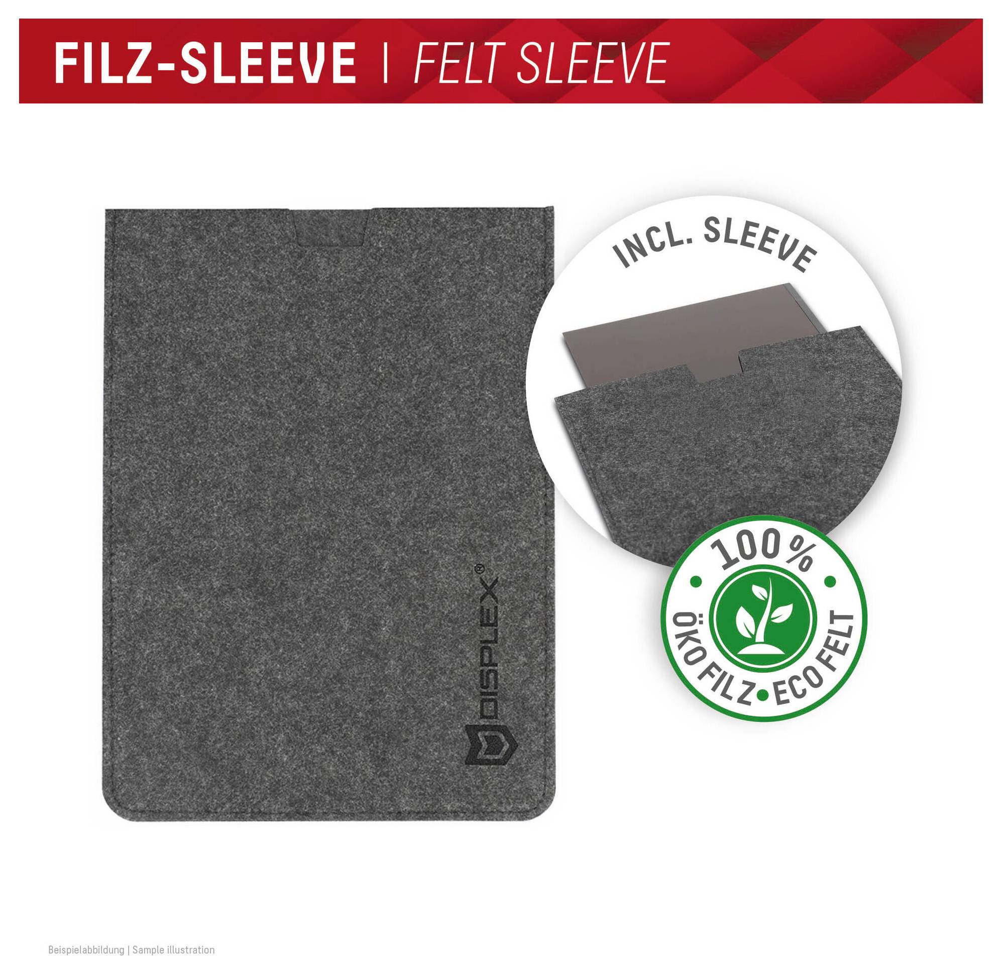 'FILZ-SLEEVE | FILZ-SLEEVE' Bild zeigt eine graue Filz-Laptop-Hülle mit 'DISPLEX'-Logo, das '100% Öko Filz | Öko Filz' Feature hervorhebend.