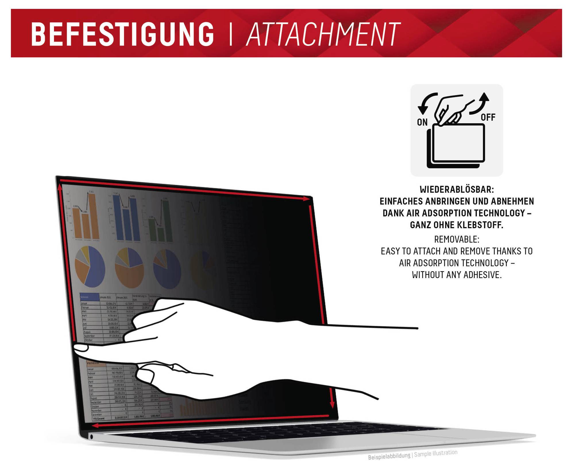 'Befestigung | Anbringung': Das Diagramm zeigt eine Hand, die eine abnehmbare Laptop-Bildschirmschutzfolie anbringt. Der Text hebt die klebstofffreie Luftadsorptionstechnologie hervor.