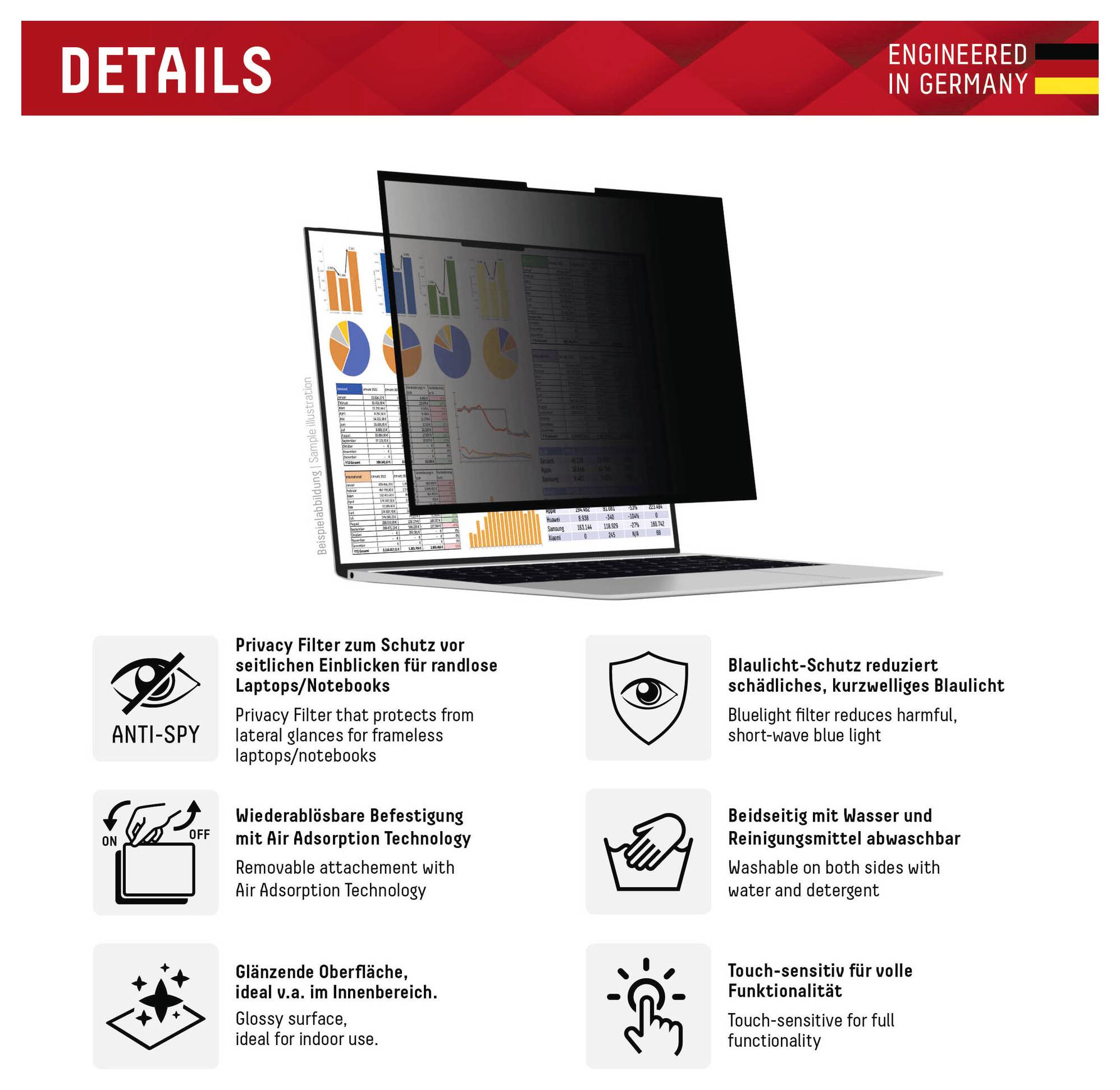 Datenschutzfolie für Laptops, Anti-Spionage-Schutz, einfache Installation, Blaulichtreduzierung und Berührungsempfindlichkeit. In Deutschland entwickelt.