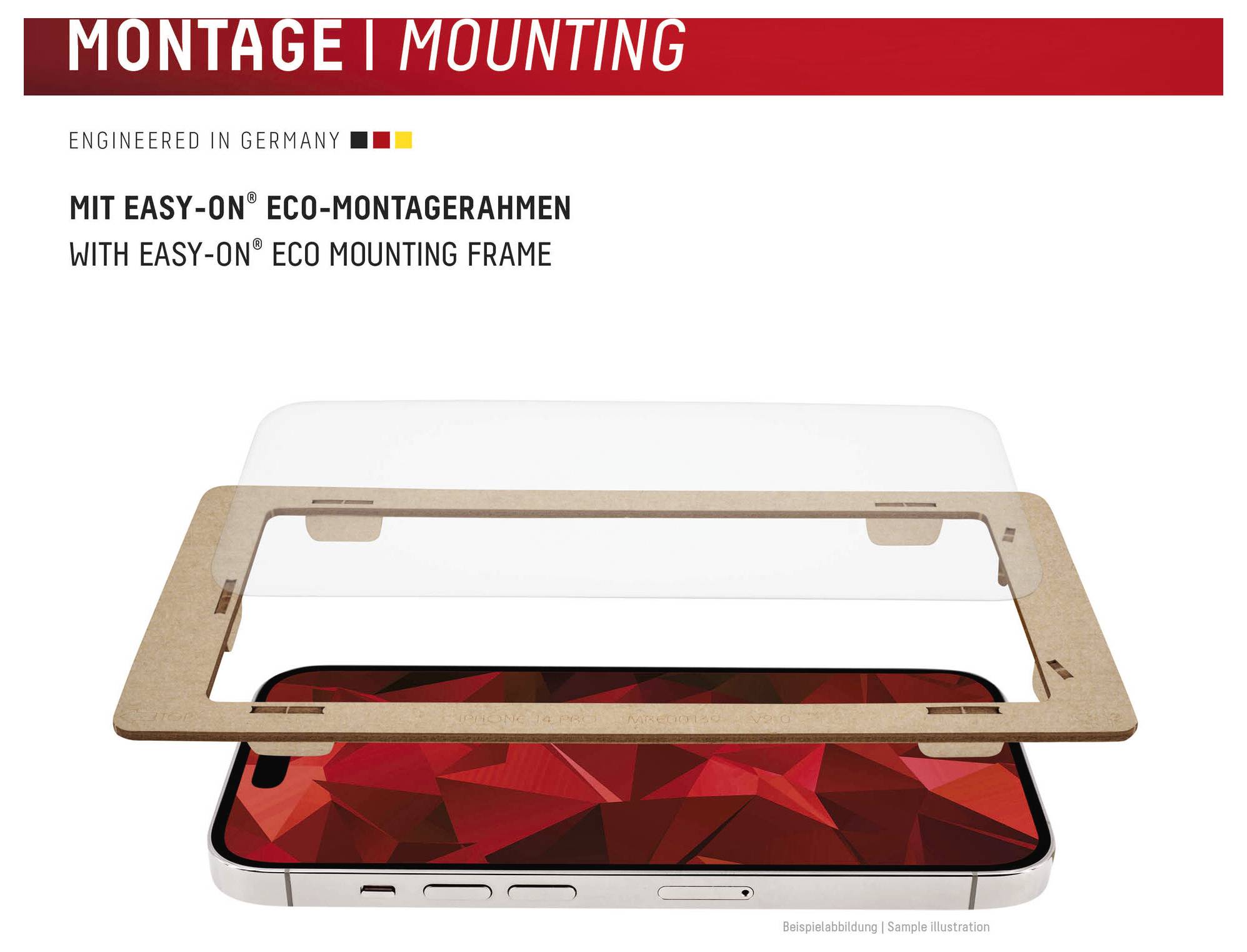 'Montageanleitung' mit einem Smartphone, über dem ein 'Easy-On' Öko-Montagerahmen ausgerichtet ist.