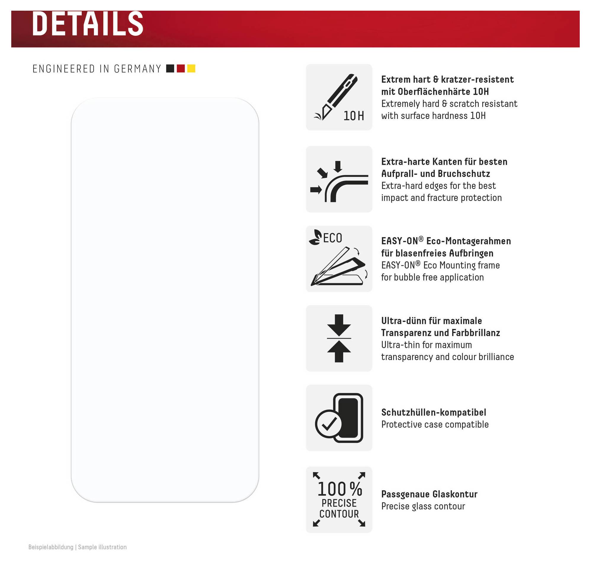 'Details'-Bereich eines Produkts, 'In Deutschland entwickelt'. Hauptmerkmale: 10H-Härte, einfache Montage, ultraklare Transparenz, präzise Glaskontur.