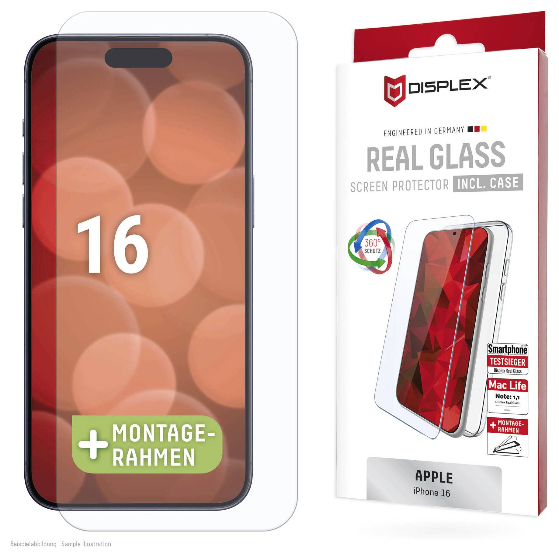 Verpackung für iPhone 16 Displayschutz mit Telefon und Text '16' und '+ Montagrahmen'. Verpackung hebt '360° Kratzvoll-Schutz' hervor.