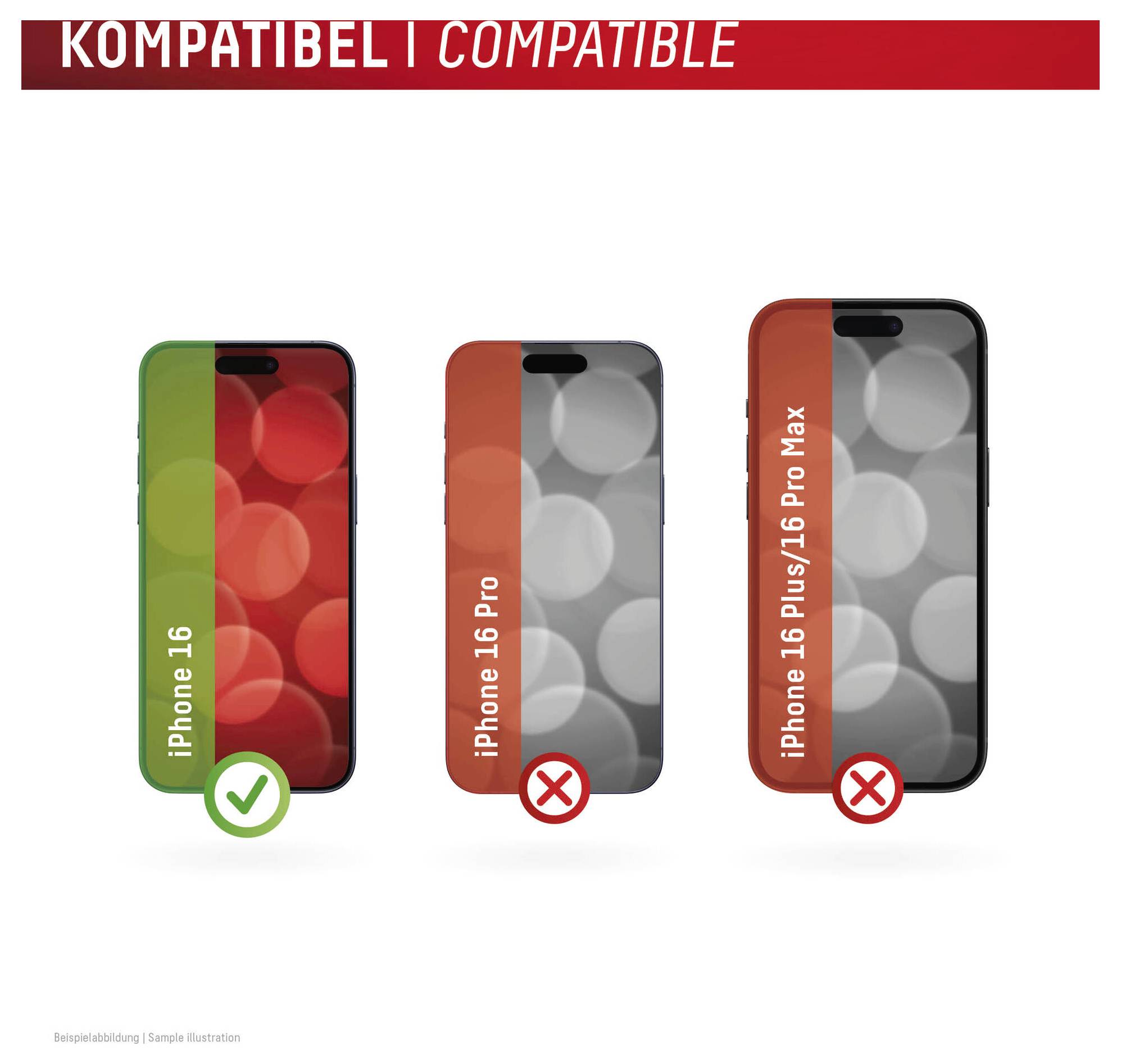 'Kompatibel: iPhone 16'; 'Nicht kompatibel: iPhone 16 Pro, iPhone 16 Plus/16 Pro Max'. Drei Smartphones mit Kompatibilitätsetiketten angezeigt.