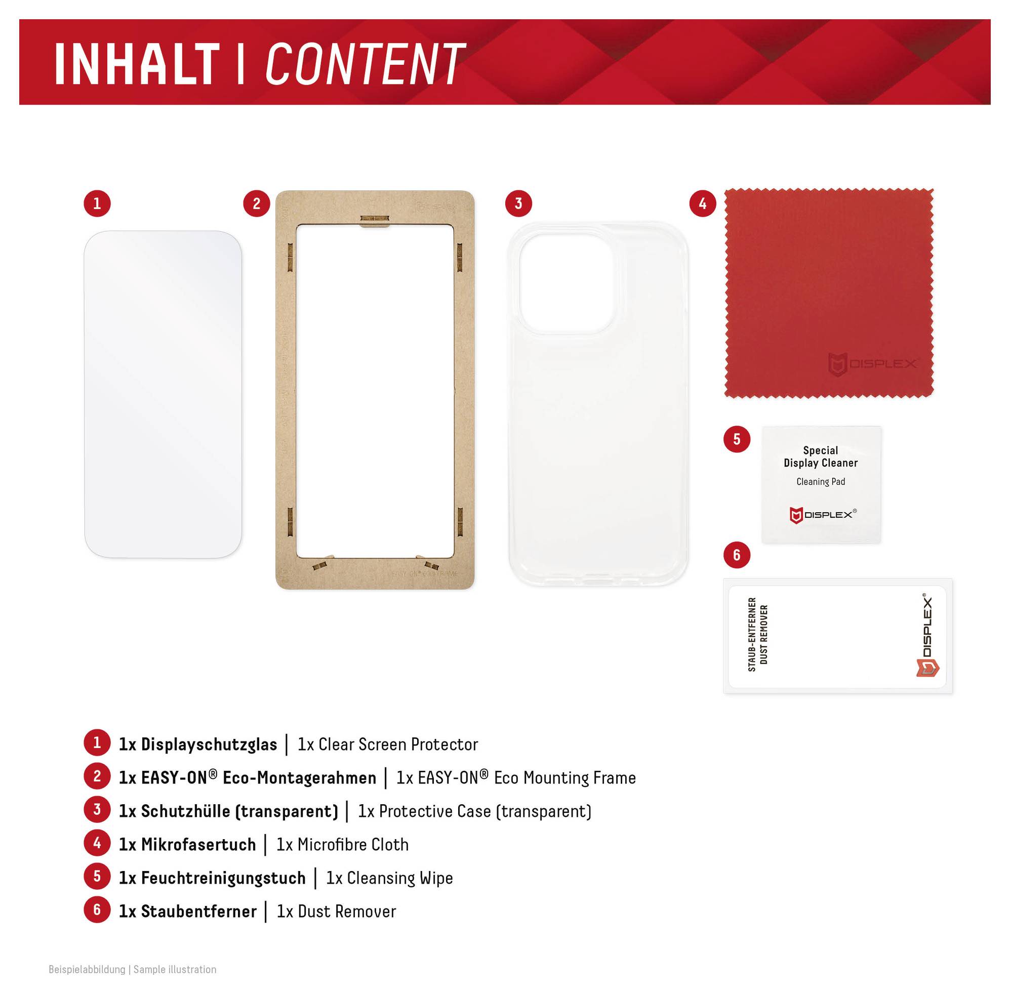Inhalt: Abbildung zeigt Komponenten eines Displayschutzfolie-Sets: klare Displayschutzfolie, Montagerahmen, Schutzhülle, Reinigungstuch, Staubentferner.