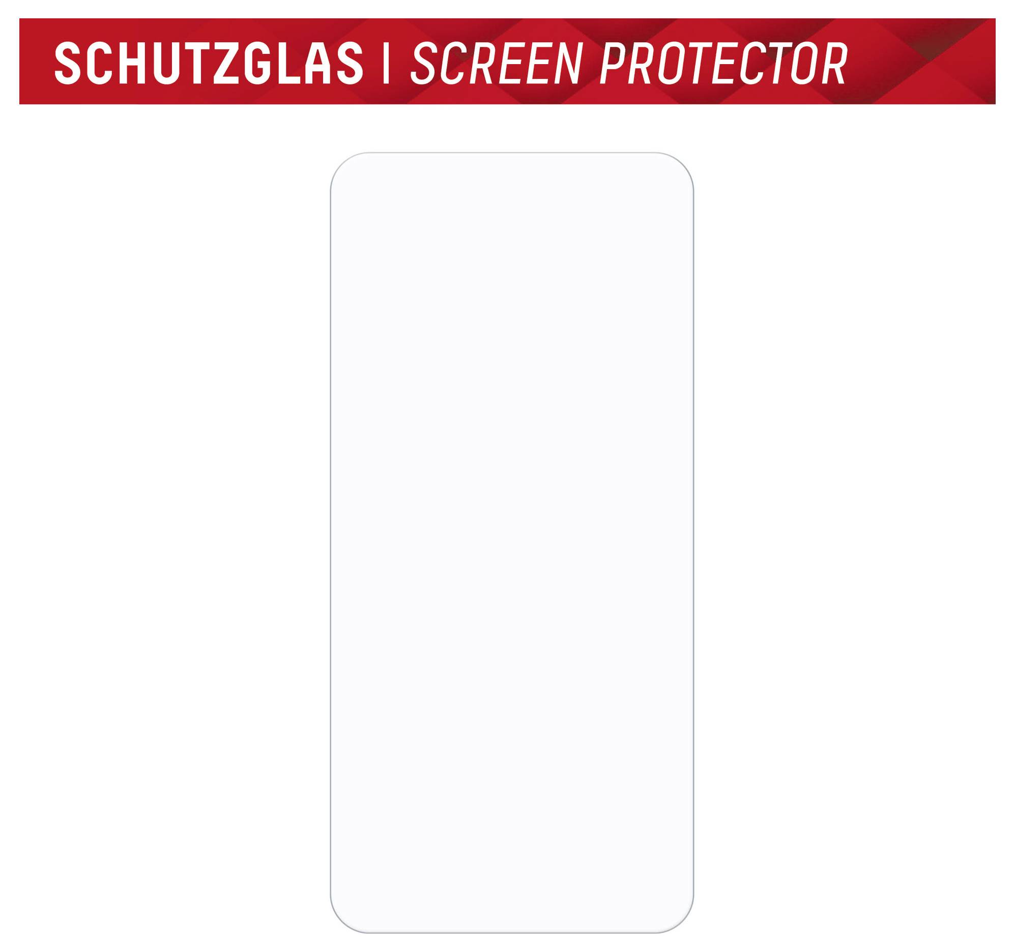 'Schutzglas' Displayschutz-Verpackung mit minimalem Design in Rot-Weiß-Farbschema. Die Produktkontur ist abgebildet.