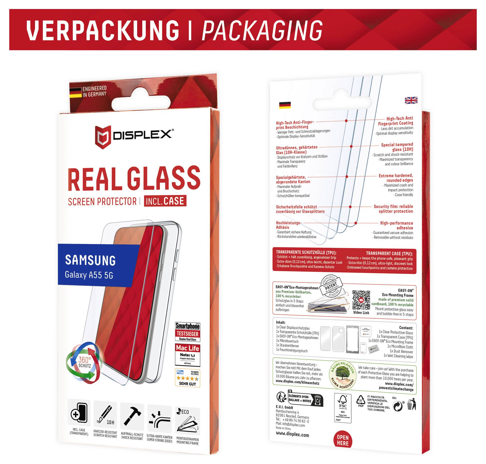 'Echter Glassschirmschutz inkl. Hülle für Samsung Galaxy A55 5G'. Die Packung zeigt Schutzfunktionen und Installationsanweisungen.