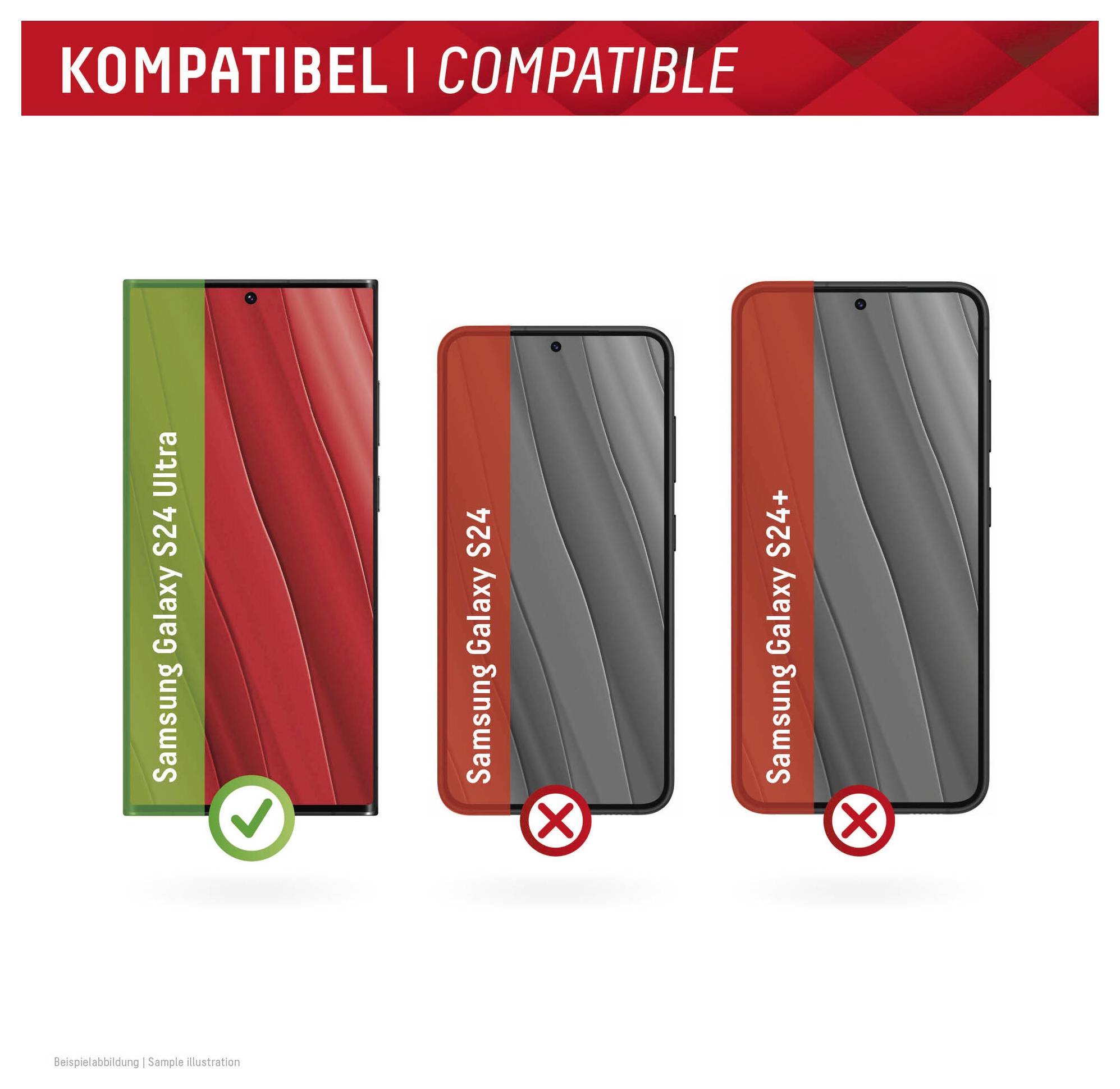 Abbildung zeigt drei Smartphones. Das Samsung Galaxy S24 Ultra ist mit einem grünen Häkchen als kompatibel gekennzeichnet, während S24 und S24+ mit roten Kreuzen nicht kompatibel sind.
