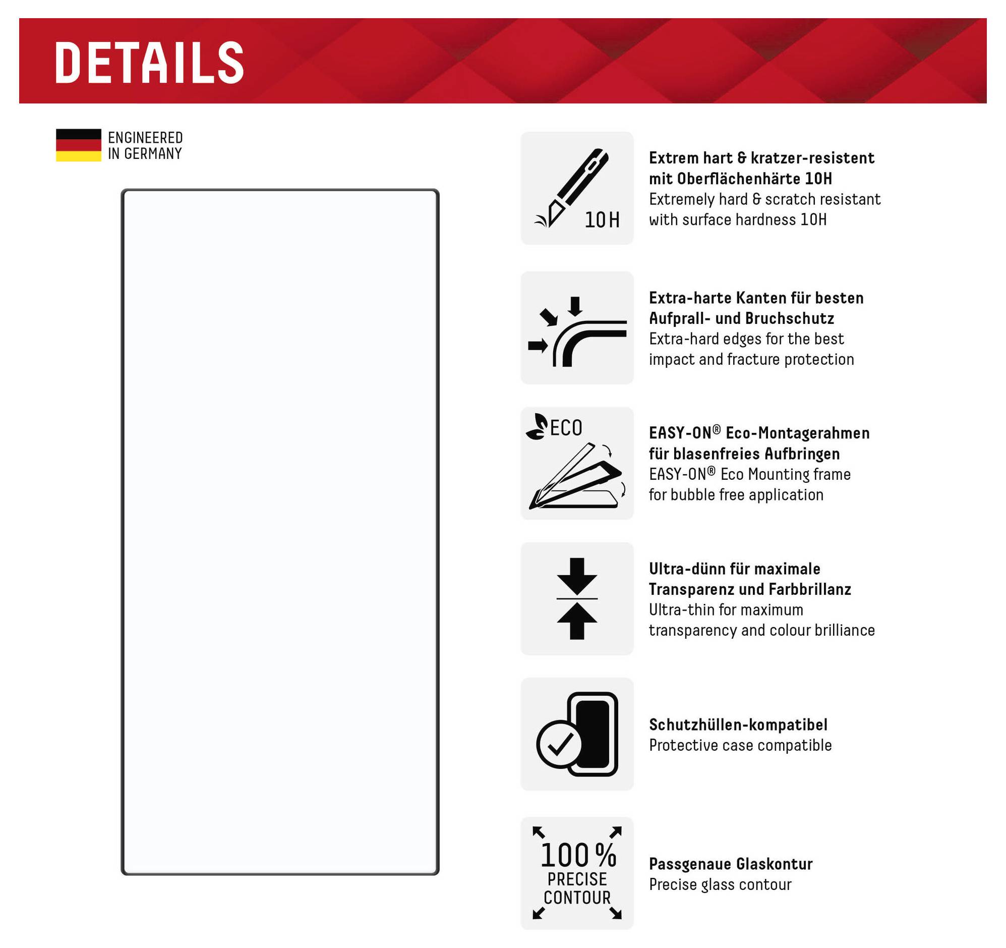 'Details'-Bereich mit den Produktmerkmalen: Kratzerbeständigkeit, einfache Installation, ultraflaches Design, Displayschutzkompatibilität und präzise Konturanpassung. Konstruiert in Deutschland.