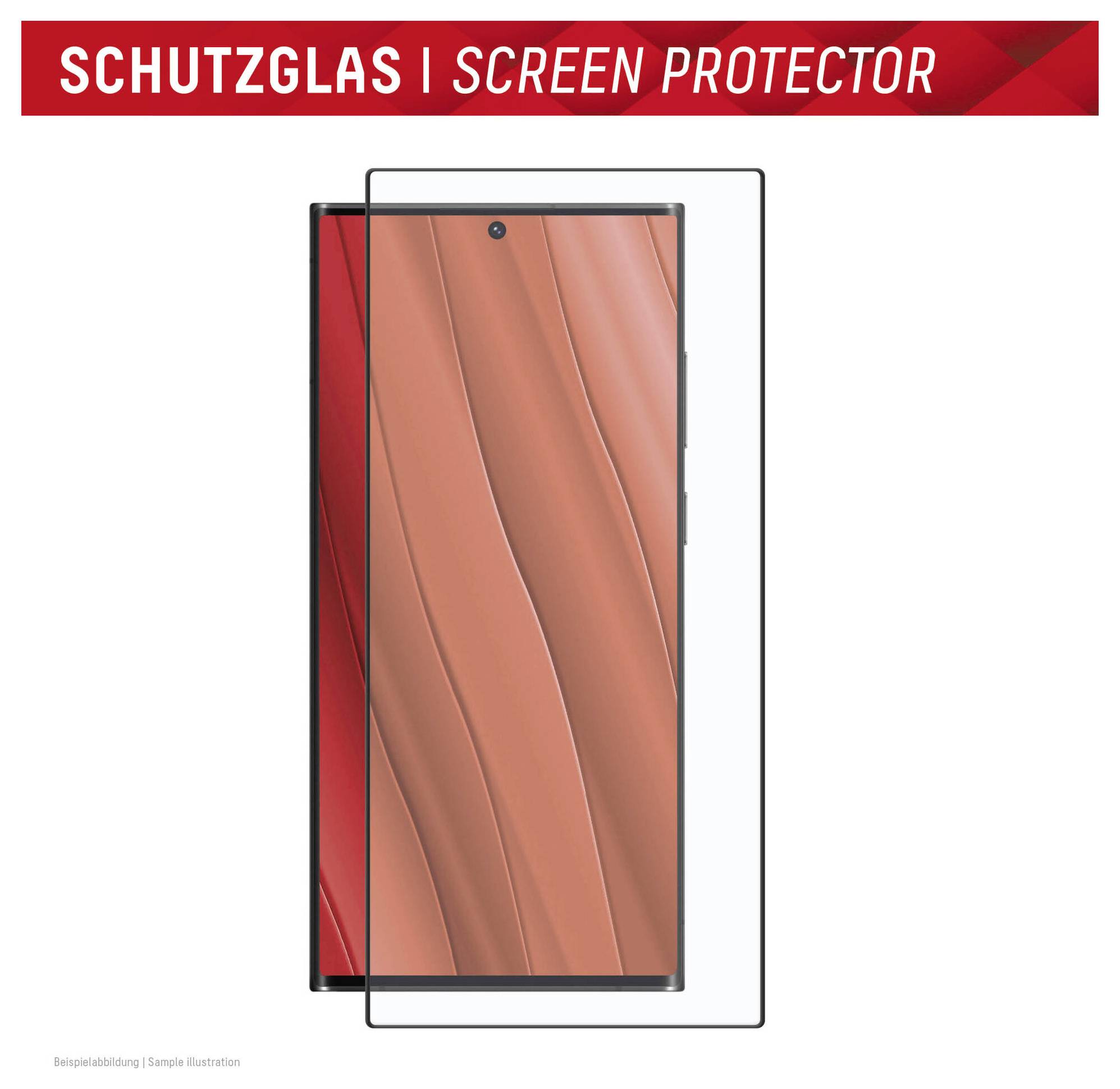 'Schutzglas' (Displayschutz) über einem Smartphone gezeigt, mit einem abstrakten rot-orangefarbenen Wellendesign auf dem Bildschirm.