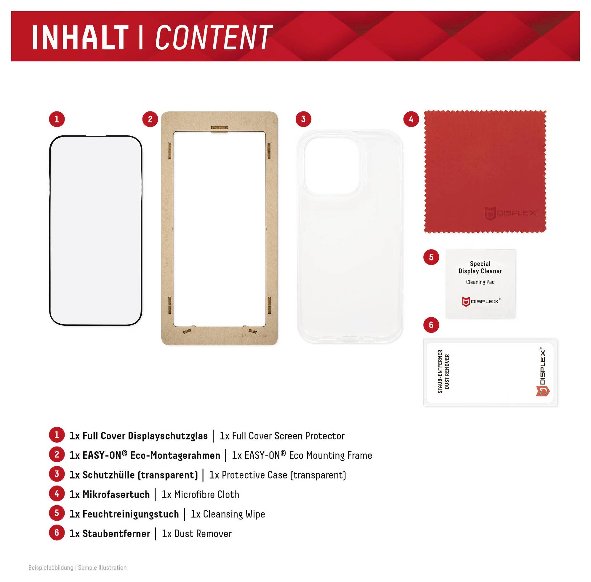 'Inhalt/Inhalt' Liste mit Bildern: 1. Vollflächiger Displayschutz, 2. Umweltfreundlicher Befestigungsrahmen, 3. Schutzhülle, 4. Mikrofasertuch, 5. Reinigungstuch, 6. Staubentferner.
