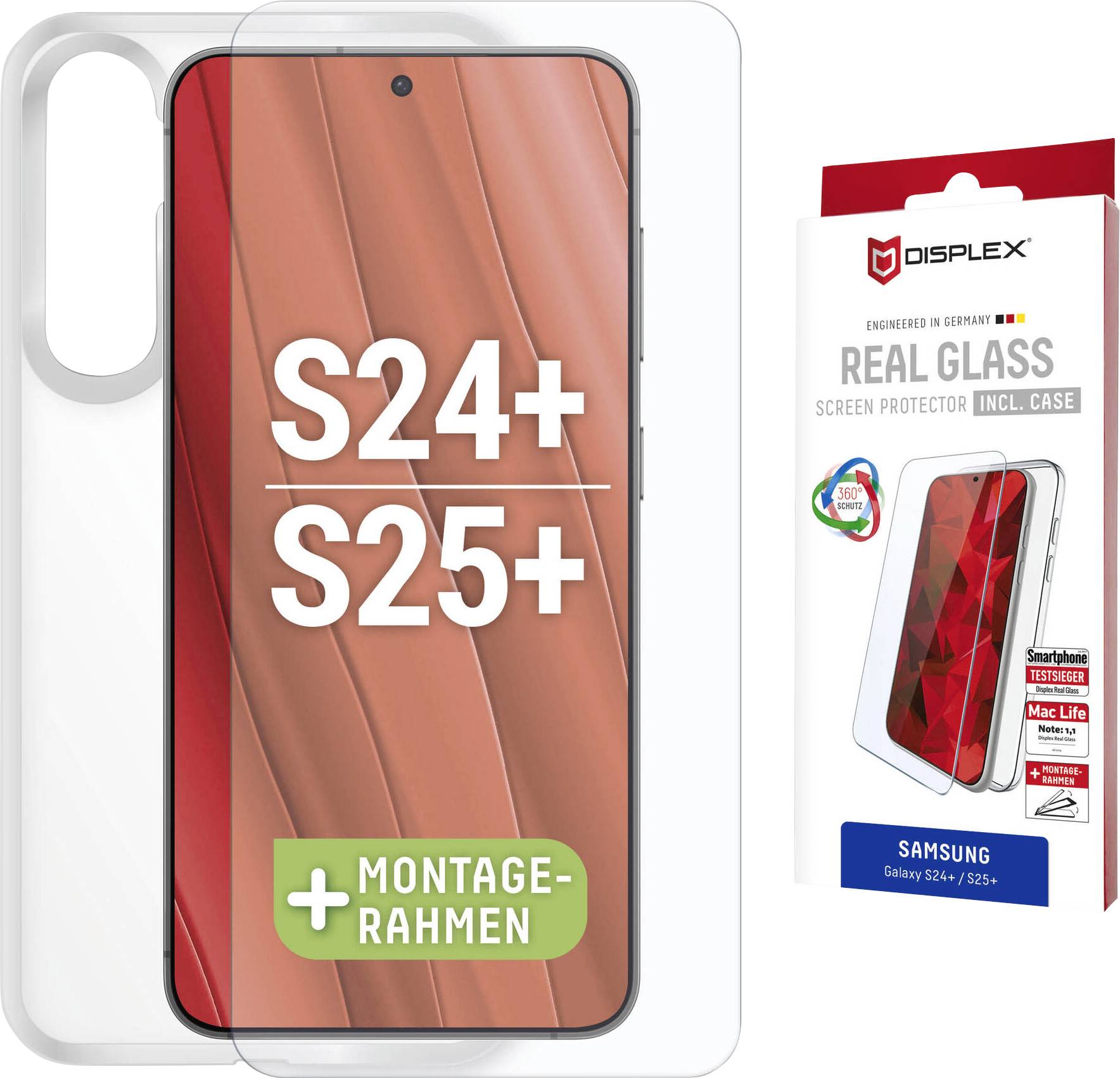 „Displex Real Glass Displayschutzfolie für Samsung S24+ und S25+ neben einem Telefon gezeigt, das die Passform des Schutzes anzeigt.