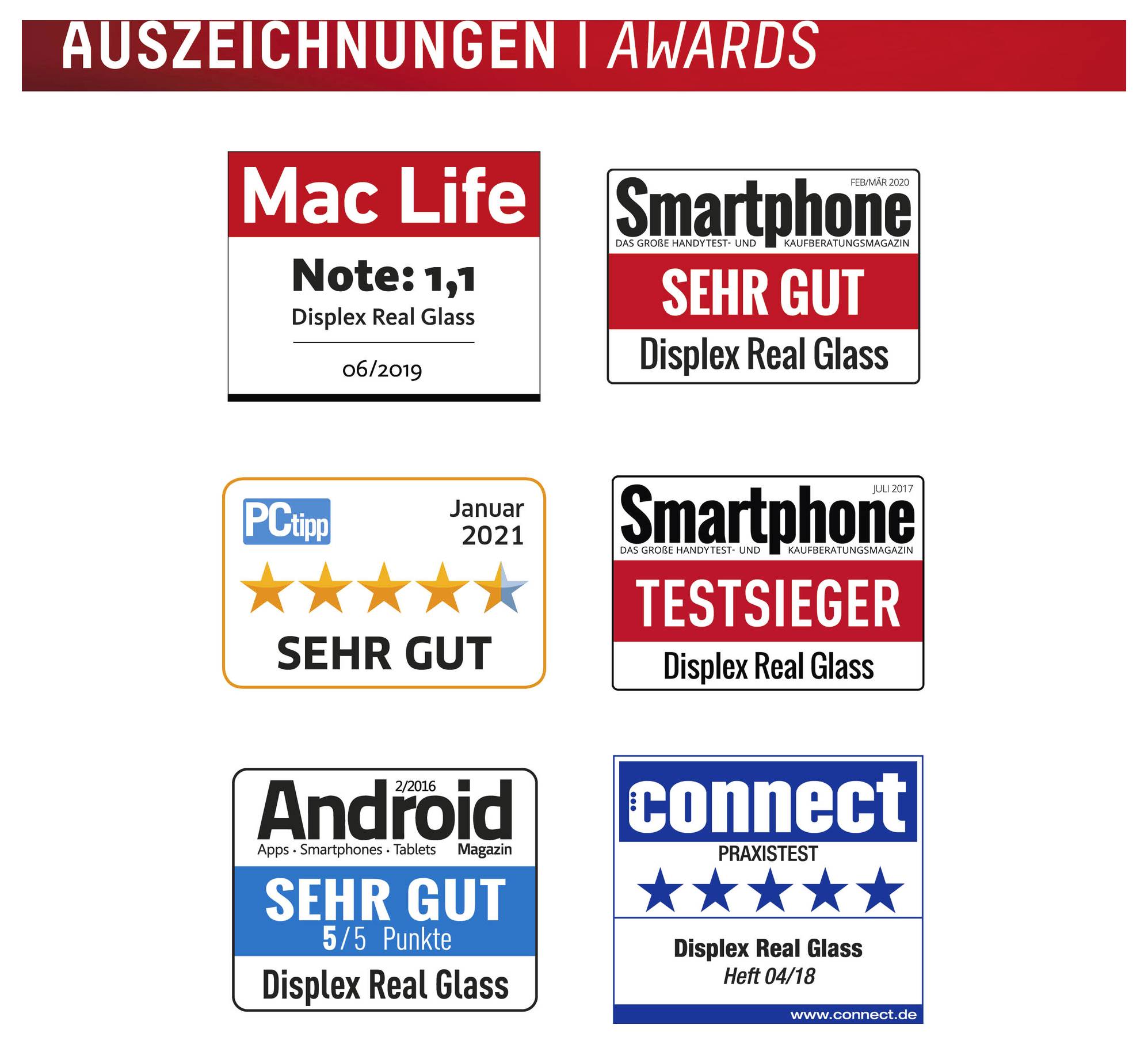 'Auszeichnungen' Header mit sechs Zertifikatsbildern darunter. Zertifikate von Mac Life, Smartphone, PCtipp, connect, Android, die alle Displex Real Glass hoch bewerten.