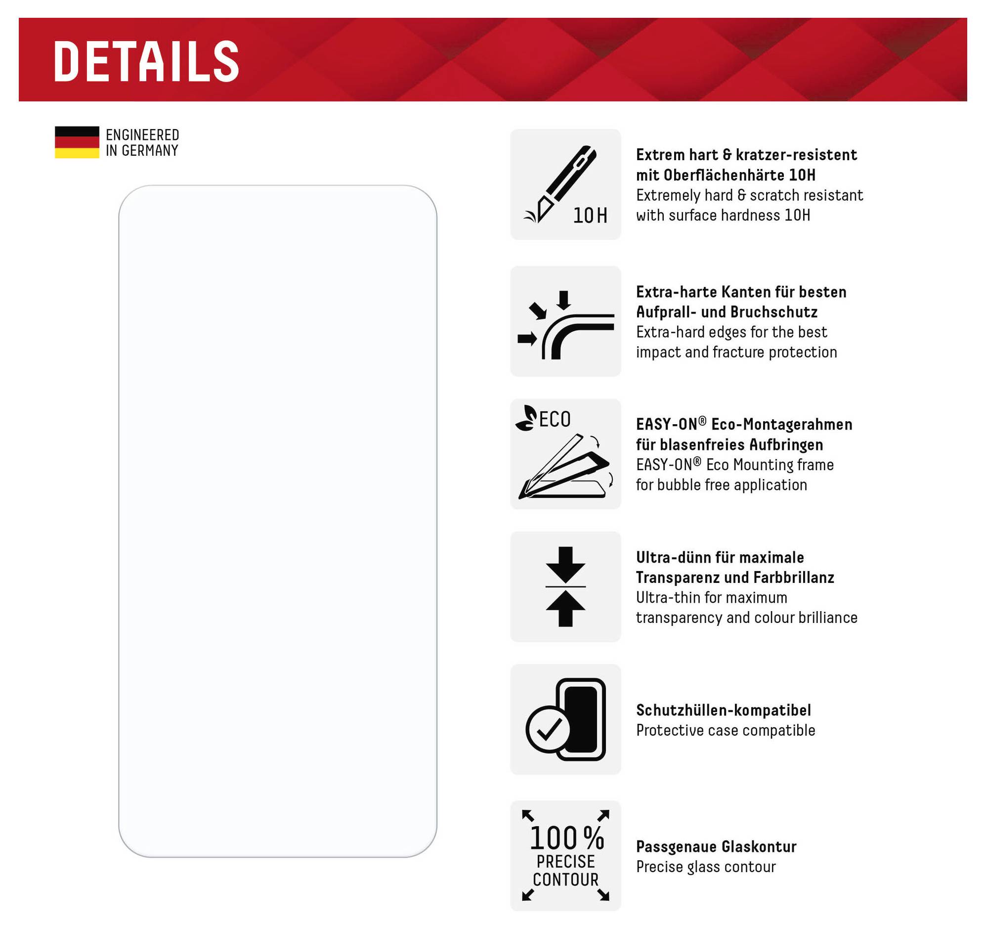 'Schutzglas | Displayschutz' Verpackung mit einem großen Rechteck, das die Form des Schutzes unter dem Text darstellt.