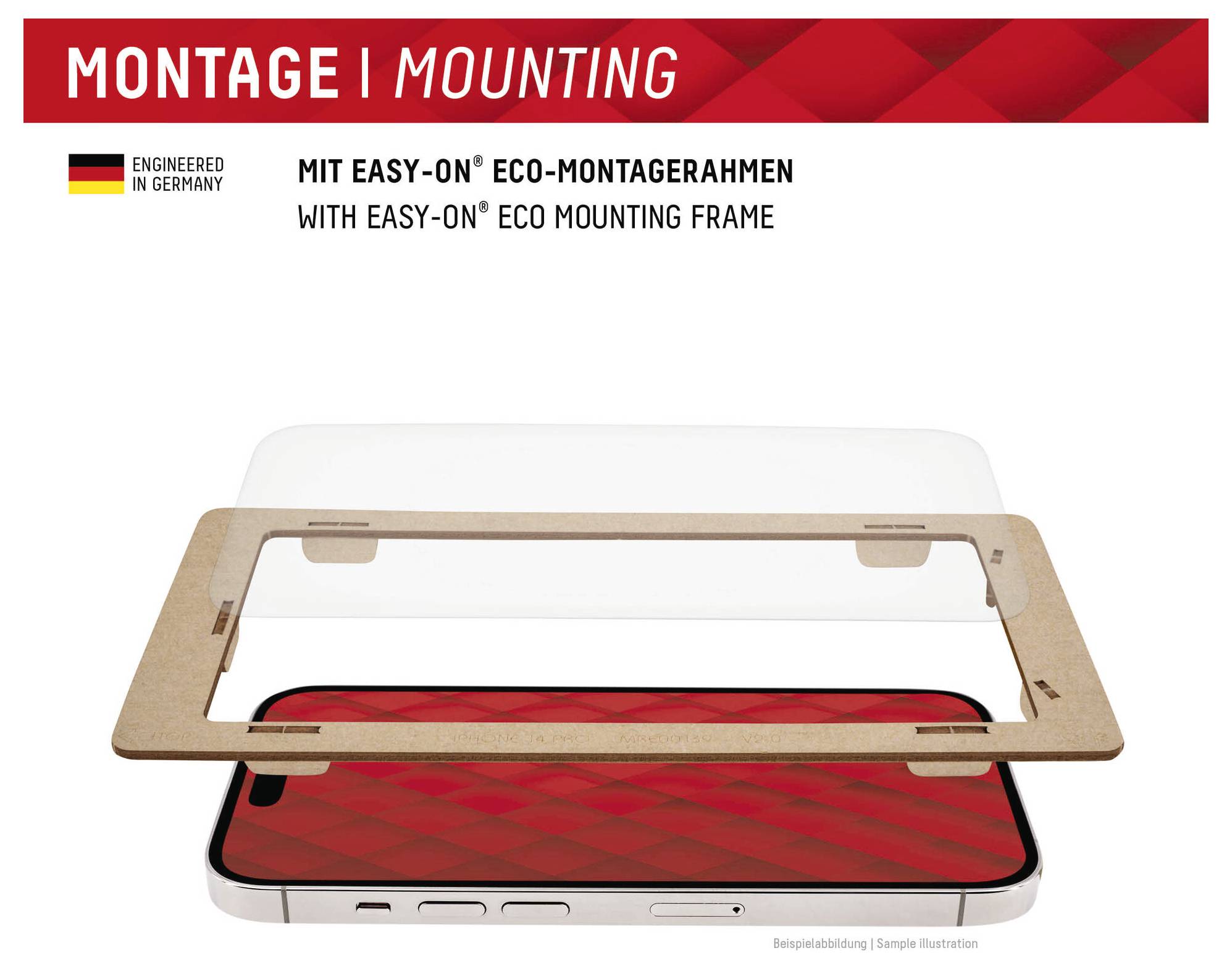 'Montage mit Easy-On Eco Montagering' überlagert einen Smartphone-Bildschirm. Rotes, geometrisches Design auf dem Bildschirm. 'In Deutschland entwickelt.'