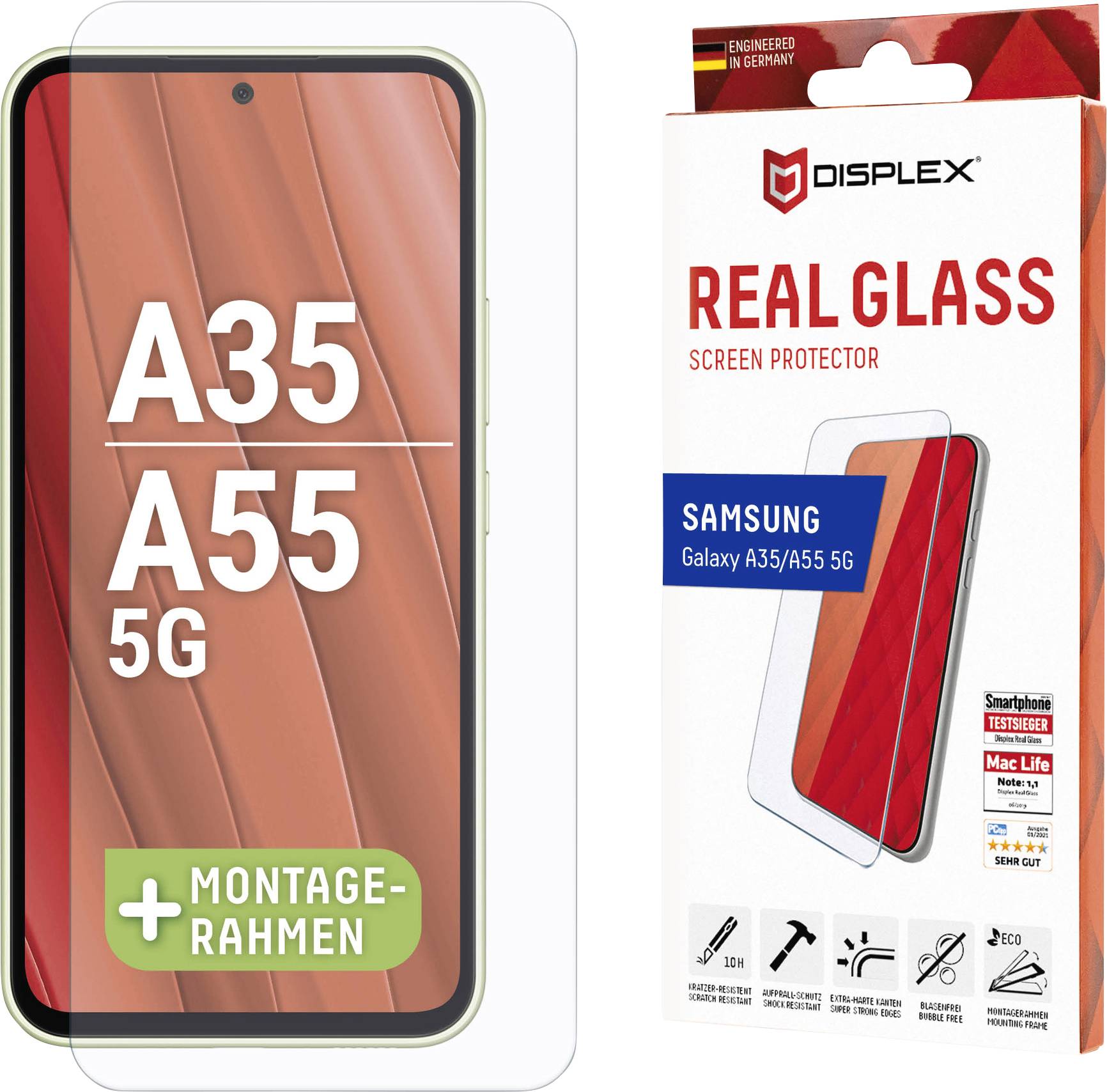 Displayschutz für Samsung Galaxy A35/A55 5G von Displex. Enthält Abbildung eines Smartphones mit Glaschutzfolie und Installationsrahmen.