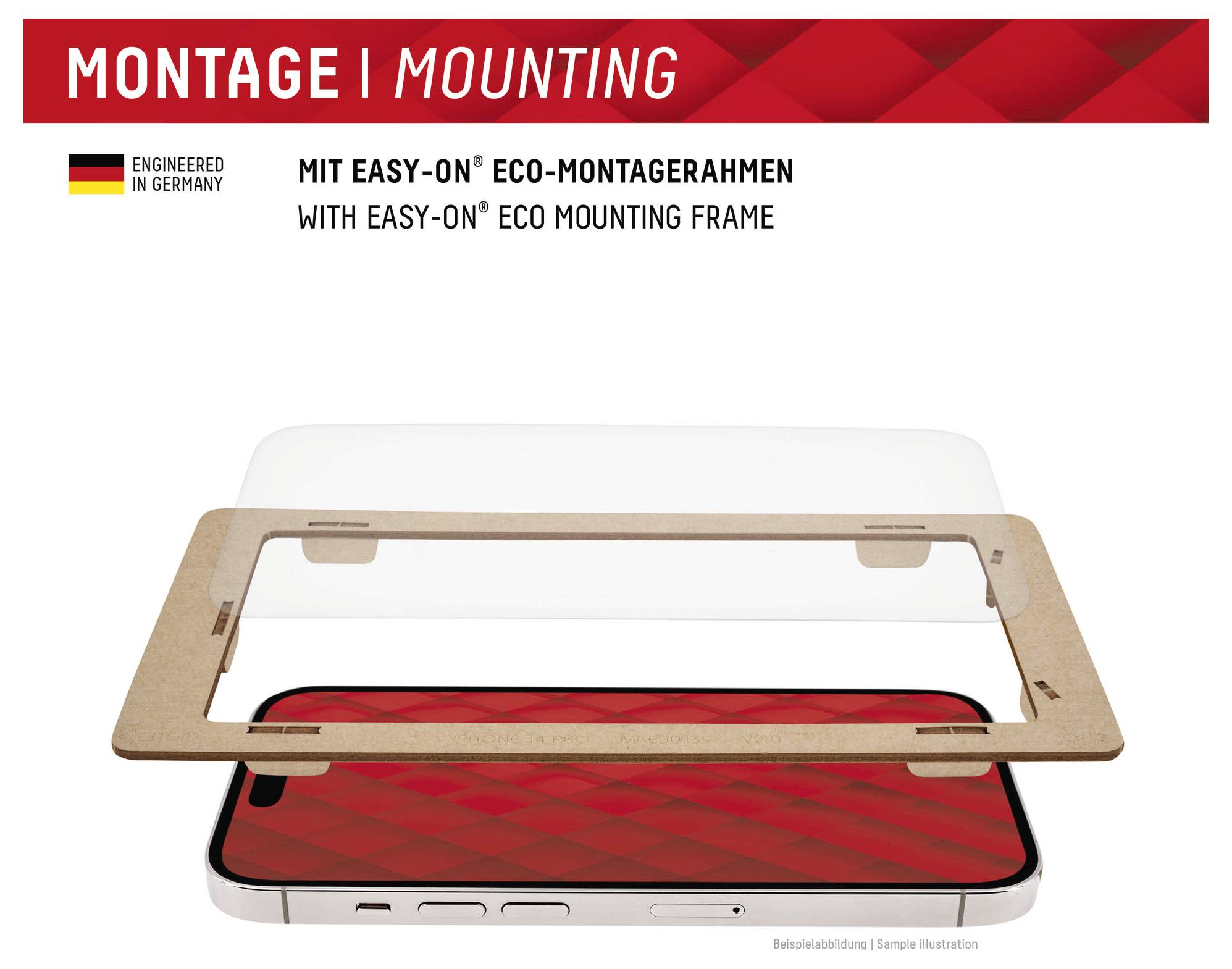 Umweltfreundlicher Montagerahmen zur einfachen Befestigung am Telefon, mit rotem geometrischem Muster, hergestellt in Deutschland