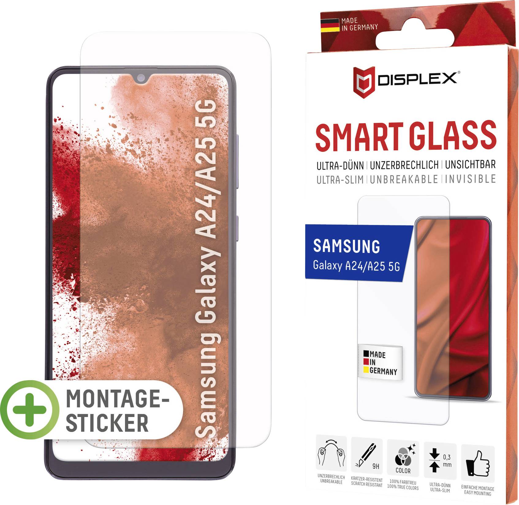 Displex Smart Glass für Samsung Galaxy A24/A25 5G, ultra-dünn, bruchsicher, unsichtbar. Inklusive Montage-Aufkleber. Made in Germany.