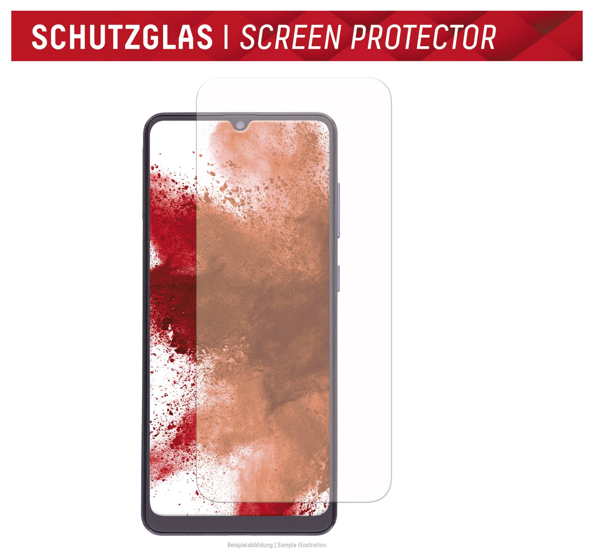 Ein Smartphone mit einer transparenten Displayschutzfolie, die zum Anbringen positioniert ist, unter einem roten Banner mit der Aufschrift „Schutzglas | Screen Protector