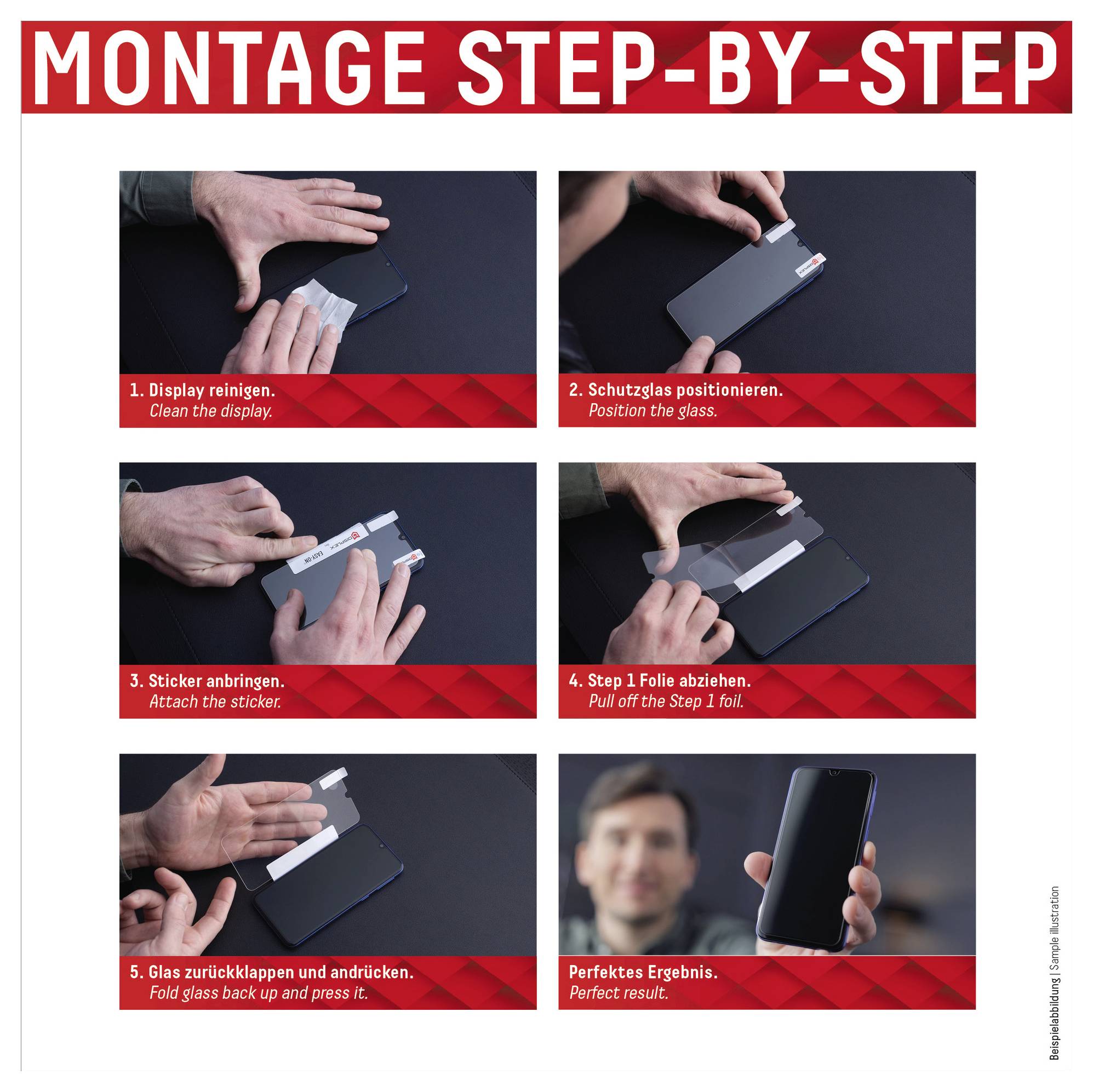 'Montageanleitung Schritt für Schritt': Sechs Schritte zum Anbringen einer Displayschutzfolie für ein Telefon. Umfasst Reinigung, Positionierung, Befestigung, Abziehen der Folie, Drücken und Anzeige des fertigen Ergebnisses.