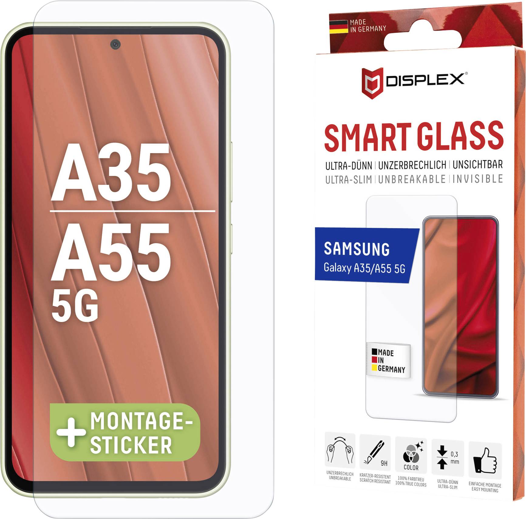 DISPLEX Smart Glass für Samsung Galaxy A35/A55 5G Handydisplay. Ultradünn, bruchsicher, unsichtbar. Inklusive Installationsaufkleber.