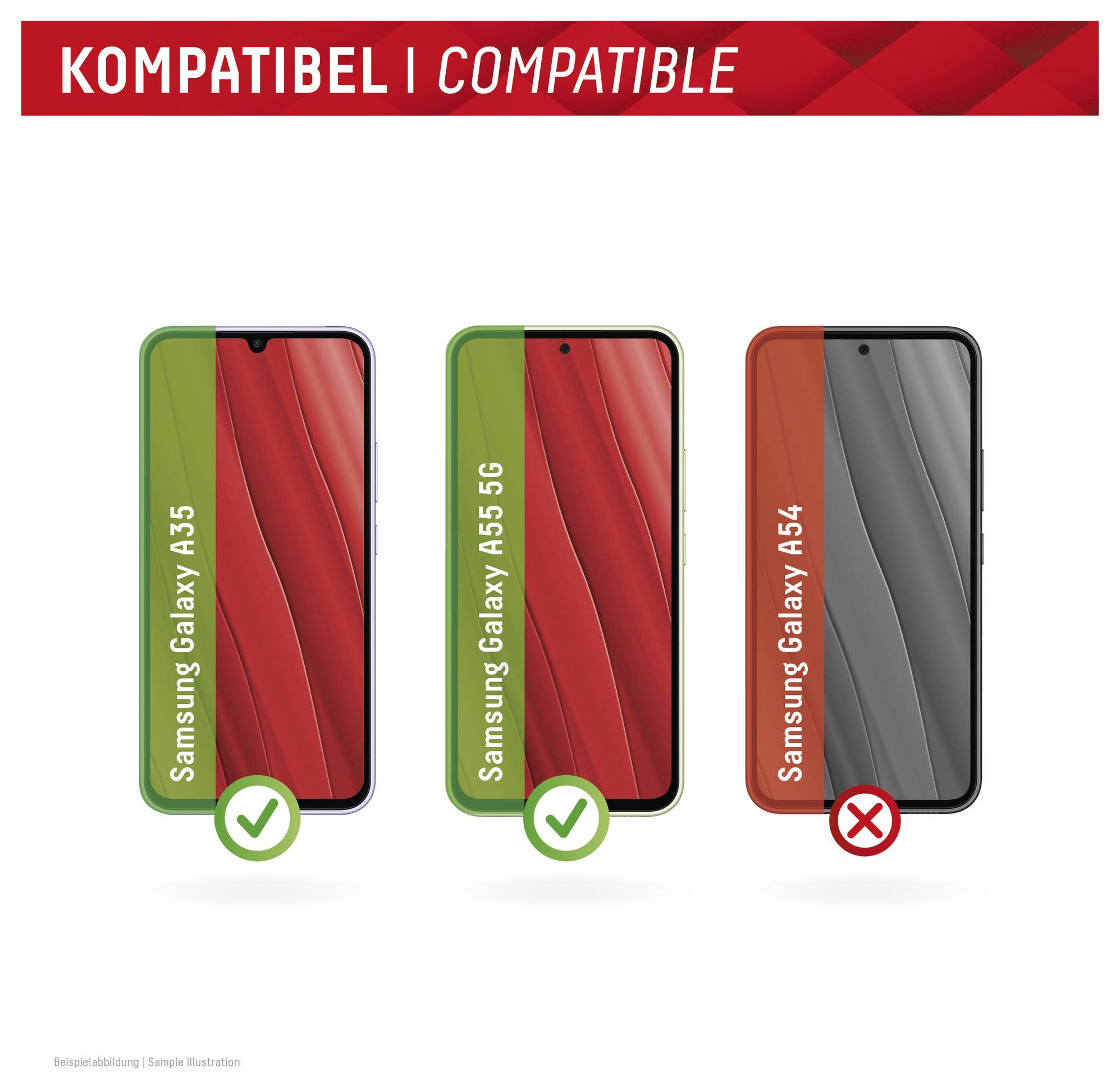 Bild zeigt die Kompatibilität von Handyhüllen. Ein grünes Häkchen zeigt, dass Hüllen für Samsung Galaxy A34 und A53 5G passen; ein rotes Kreuz für das A54.
