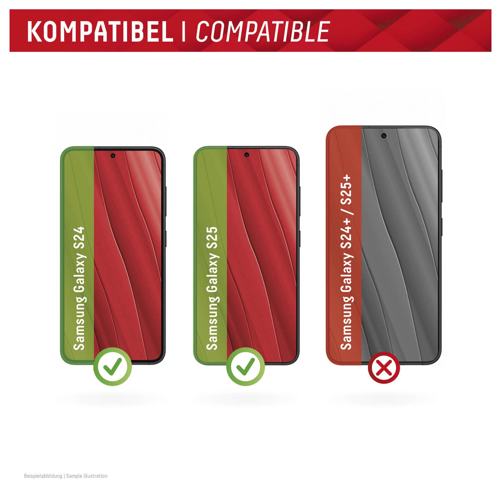 'Kompatibel | Kompatibel' Text oben. Drei Smartphones werden gezeigt; zwei sind mit Häkchen als kompatibel gekennzeichnet: 'Samsung Galaxy S24', 'Samsung Galaxy S24+'; eines ist mit einem X als nicht kompatibel gekennzeichnet: 'Samsung Galaxy S25+'.