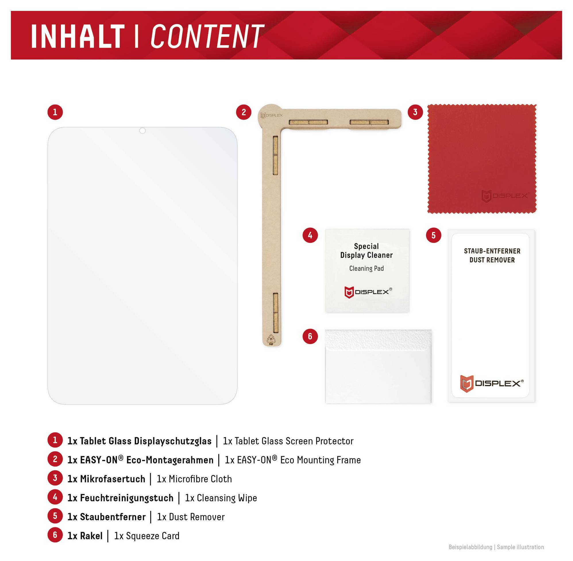 'Tablet Glasschutzfolie Set' mit Reiniger, Halterung, Mikrofasertuch, Staubentferner, Reinigungstuch und Rakelkarte.