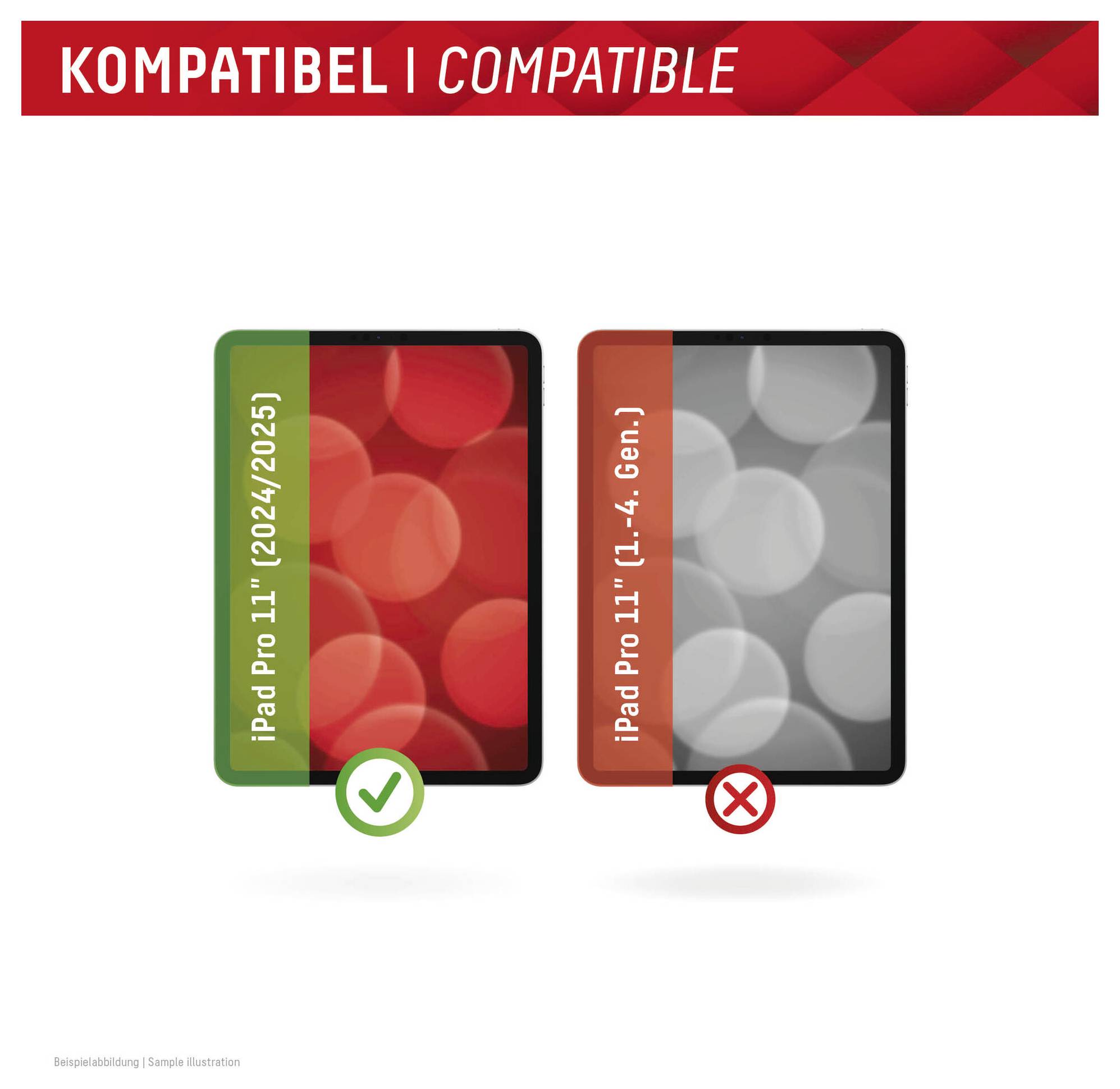 'KOMPATIBEL | COMPATIBLE' Banner. Grünes Häkchen für 'iPad Pro 11 (2024/2025)'; rotes Kreuz für 'iPad Pro 11 (1.-4. Gen)'.