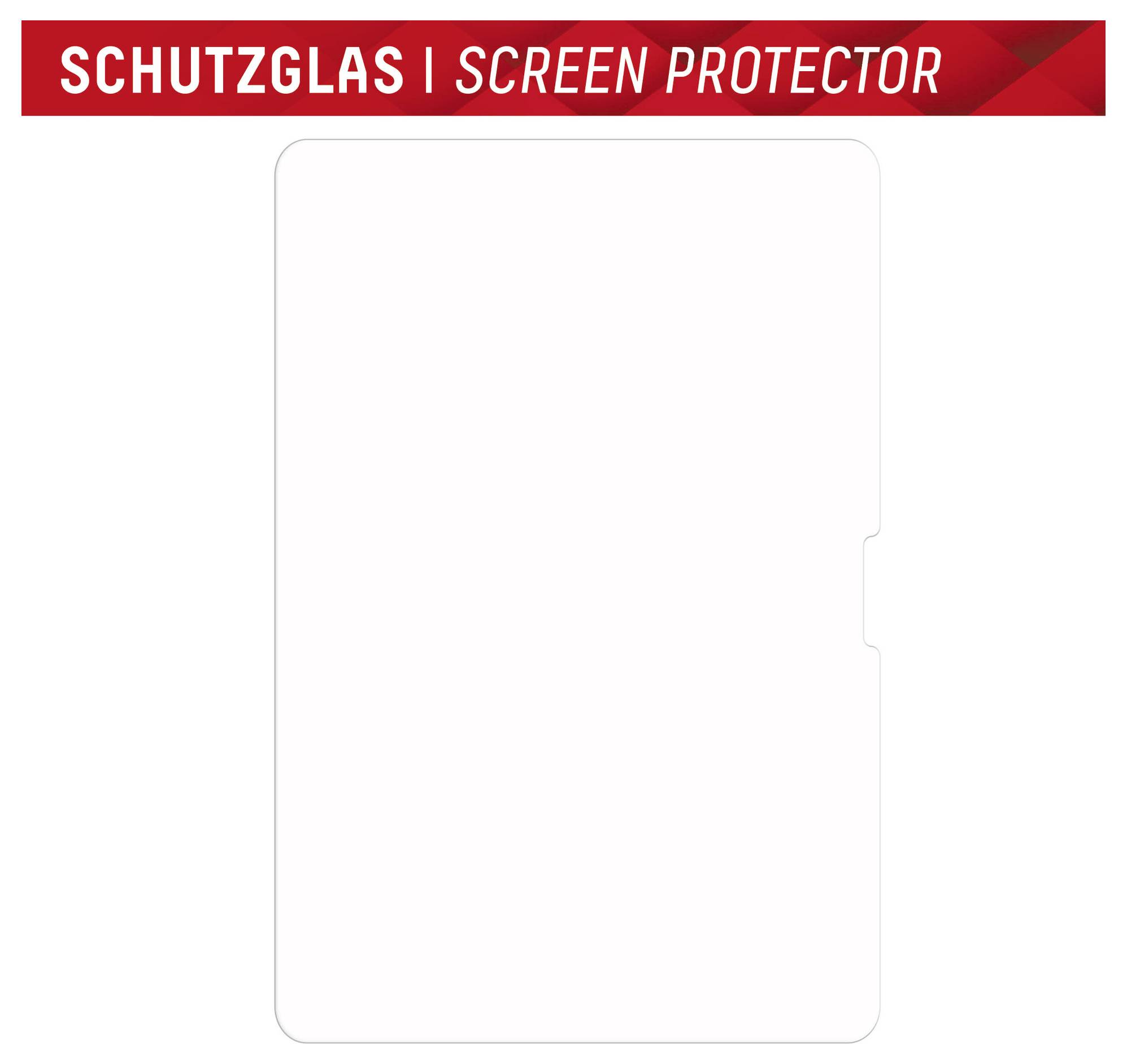 Schutzglasbildschirmschutz' Verpackung mit minimalem weißem Hintergrund und roter Akzentfarbe.