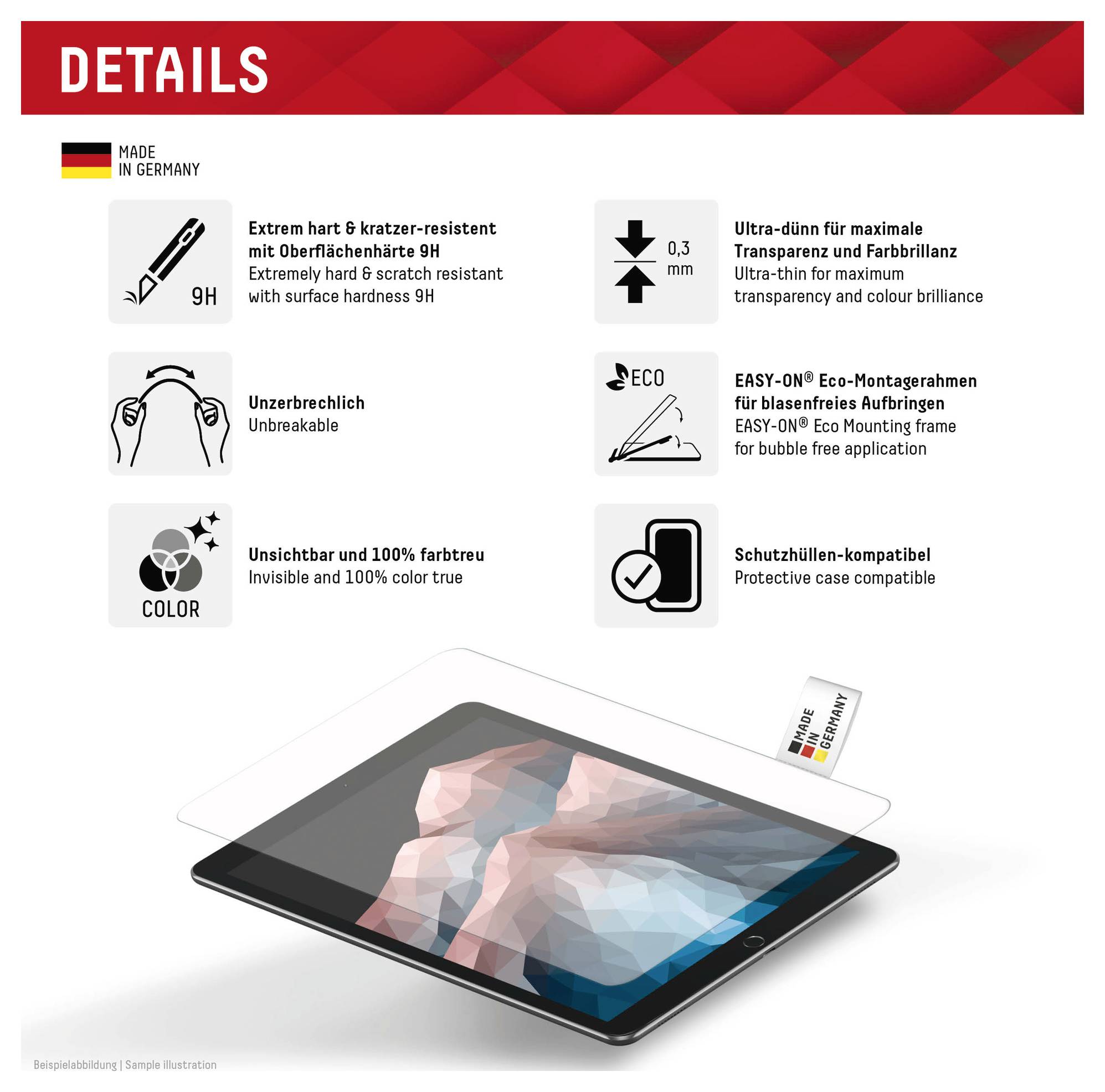 Details: Hergestellt in Deutschland. Die Eigenschaften umfassen eine Oberflächenhärte von 9H, ultraklare Transparenz, bruchsicher, unsichtbare Färbung, einfache Installation und Kompatibilität mit Schutzhülle.