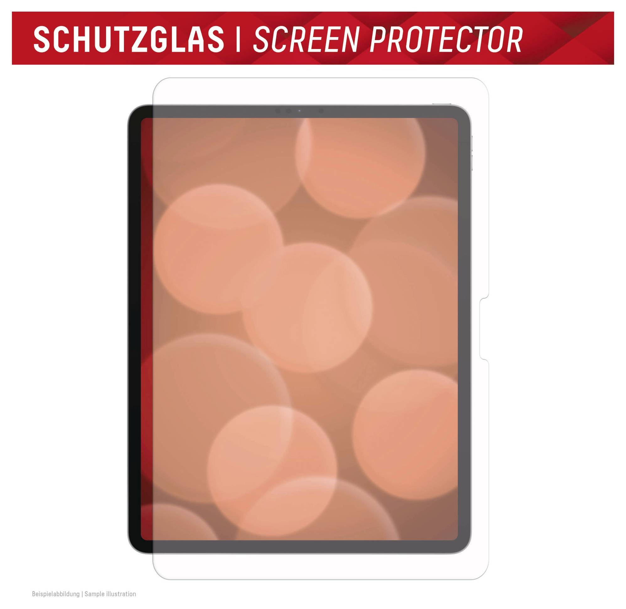 Ein Schutzglas überlagert ein Tablet-Display mit einem unscharfen orangefarbenen Bokeh-Hintergrund. Ein rotes Banner oben liest 'Schutzglas | Screen Protector'.