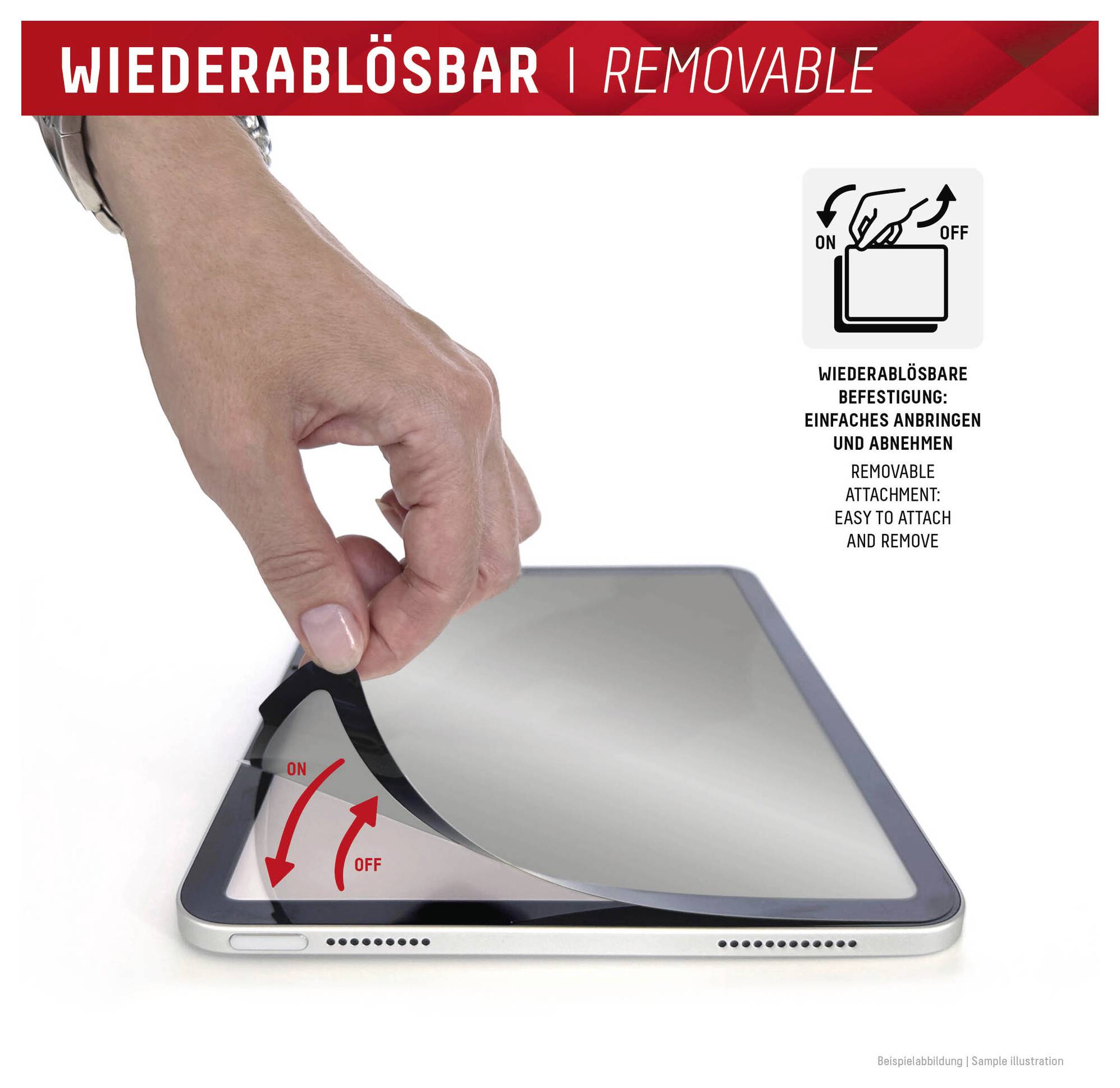 Die Hand einer Person zieht eine Schutzfolie von einem Tablet ab und zeigt die Aufschriften EIN und AUS. Der Text weist darauf hin, dass sie abnehmbar und einfach anzubringen ist.