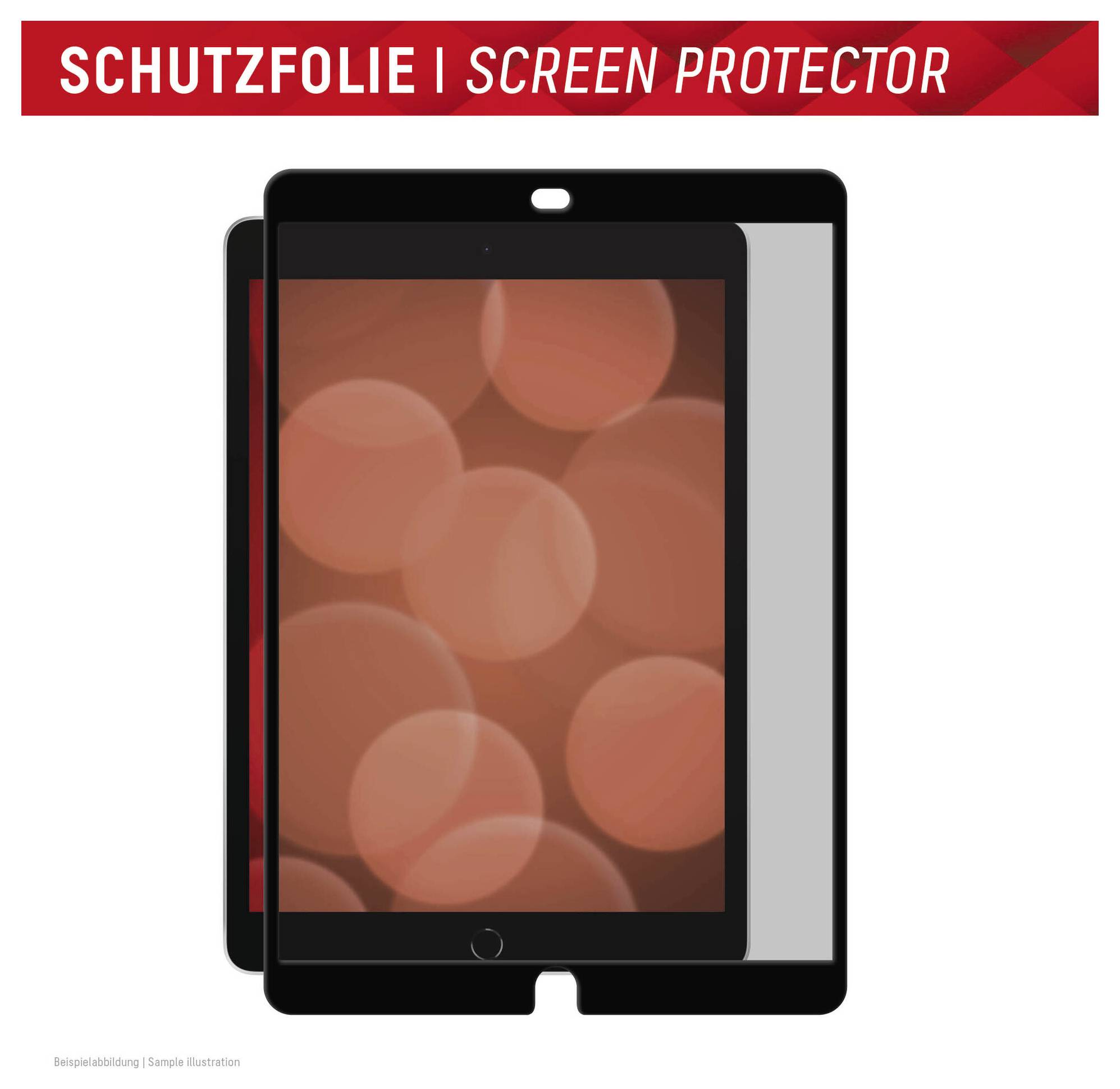 Schutzfolie | Displayschutz für ein Tablet mit rotem thematischem Bildhintergrund. Der Text lautet „Schutzfolie | Displayschutz